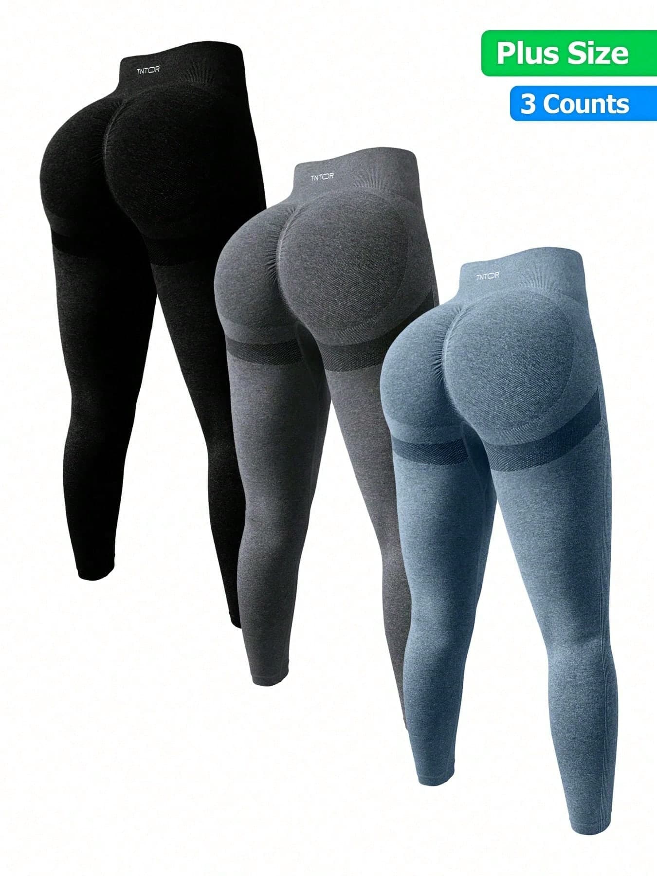 TNTOR 3pcs/Set Plus Size High Waist Lifting Fitness Leggings, High Elasticity Quick-Dry Tight Yoga Pants With Peach Butt Design, Middle/High Waist Slimming Effect, Suitable For Exercise, Riding, Yoga Spring Sports