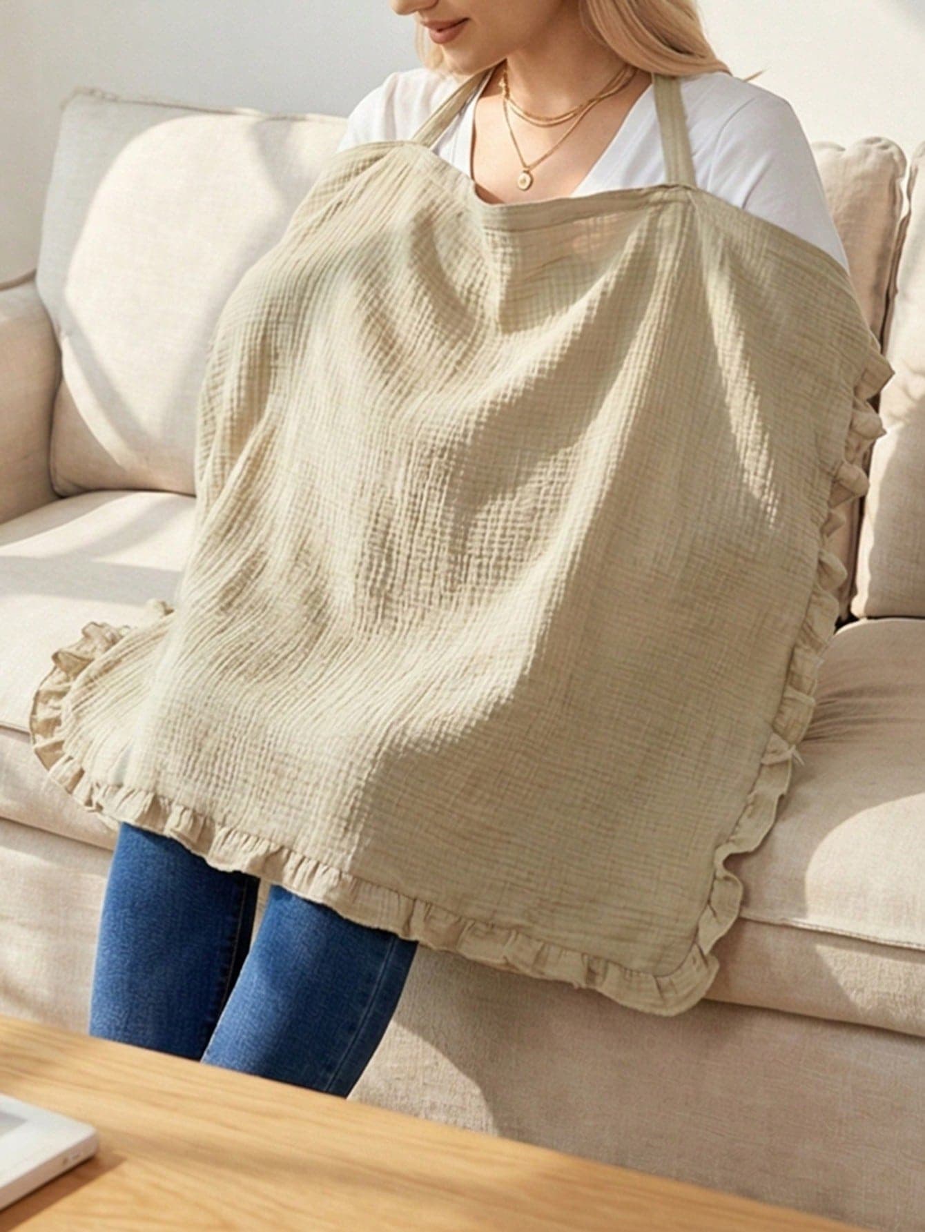 1pc Muslin Nursing Cover For Breastfeeding, 100% Cotton Breathable Breastfeeding Cover Up With Ruffle, Multi-Use Privacy Shawl For Mom, Stroller Cover/Car Seat Canopy, Perfect For Outdoor & Indoor Use