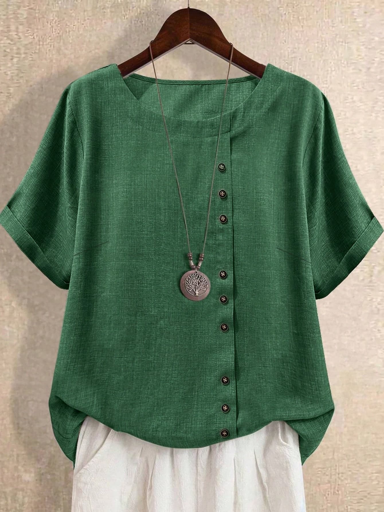 Plus Size Women's New Linen Short Sleeve Shirt, Retro Artistic Side Button Loose Casual Lightweight Blouse Summer