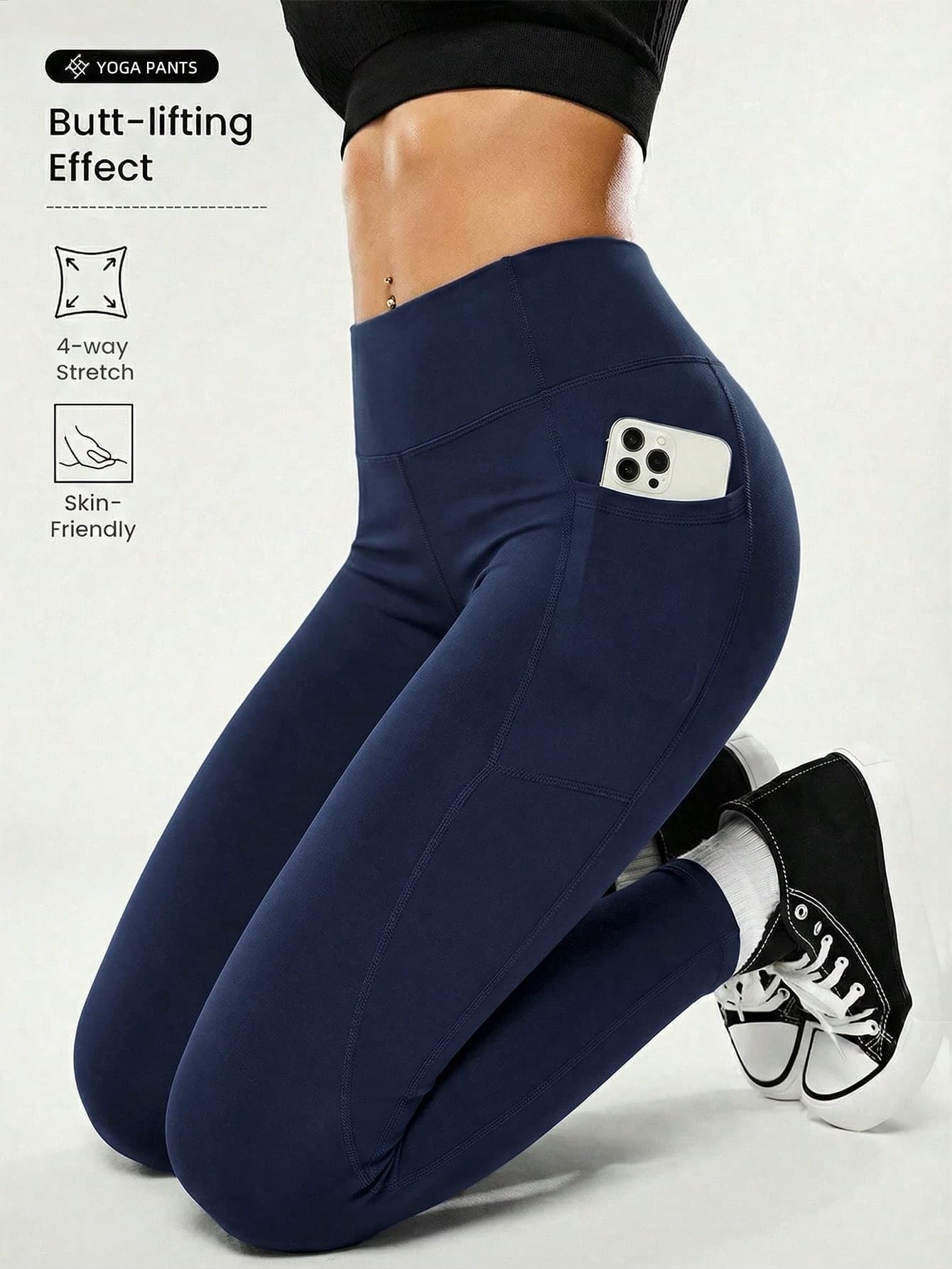 Plus Size Solid Color High Waist High Elasticity Yoga Leggings With Pockets, Slim Fit Running Pilates Cycling Casual Pants