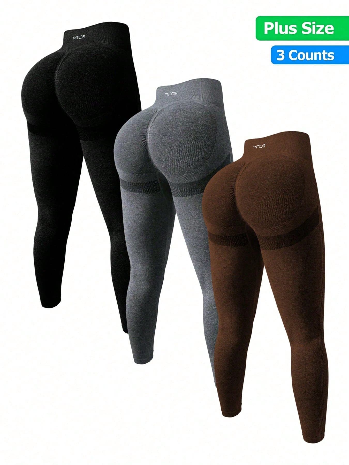 TNTOR 3pcs/Set Plus Size High Waist Lifting Fitness Leggings For Women, High Elasticity Quick Dry Skinny Yoga Pants, Peach Butt Mid-Waist Design With Tummy Control, Suitable For Workout, Cycling, Yoga Spring Sports