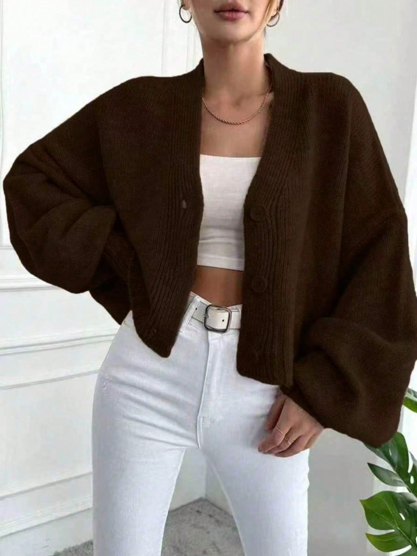 2025 European And American Style Spring/Autumn/Winter New Versatile Loose Short Sleeve Knit Long Sleeve Sweater Cardigan Outerwear For Plus Size Women Brown