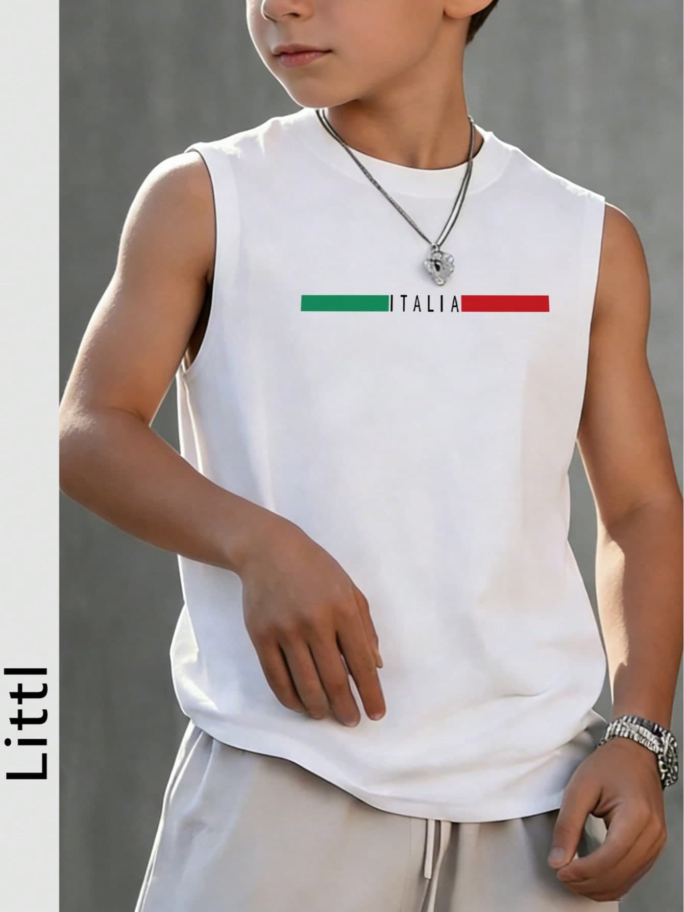 Boys' Italy Flag Print Sleeveless Casual Tank Top, Street Style For Summer