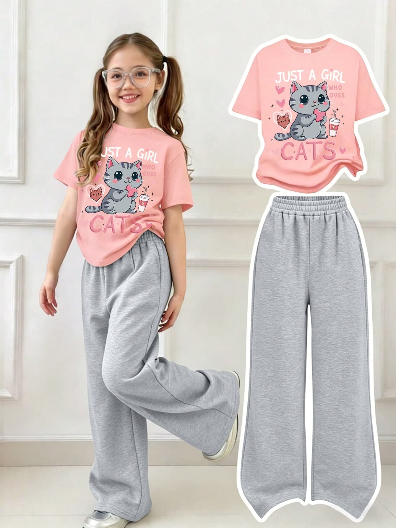 2pcs Girls Cat Lover Set, Short Sleeve "Just A Girl Who Loves Cats" T-Shirt & Grey Pants, Soft Comfortable Fabric, Street Style Outfit