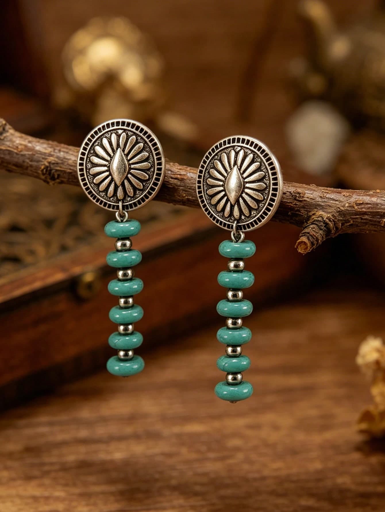 1 Pair Bohemian Style Sunflower Earrings, Long Synthetic Turquoise Beaded Earrings