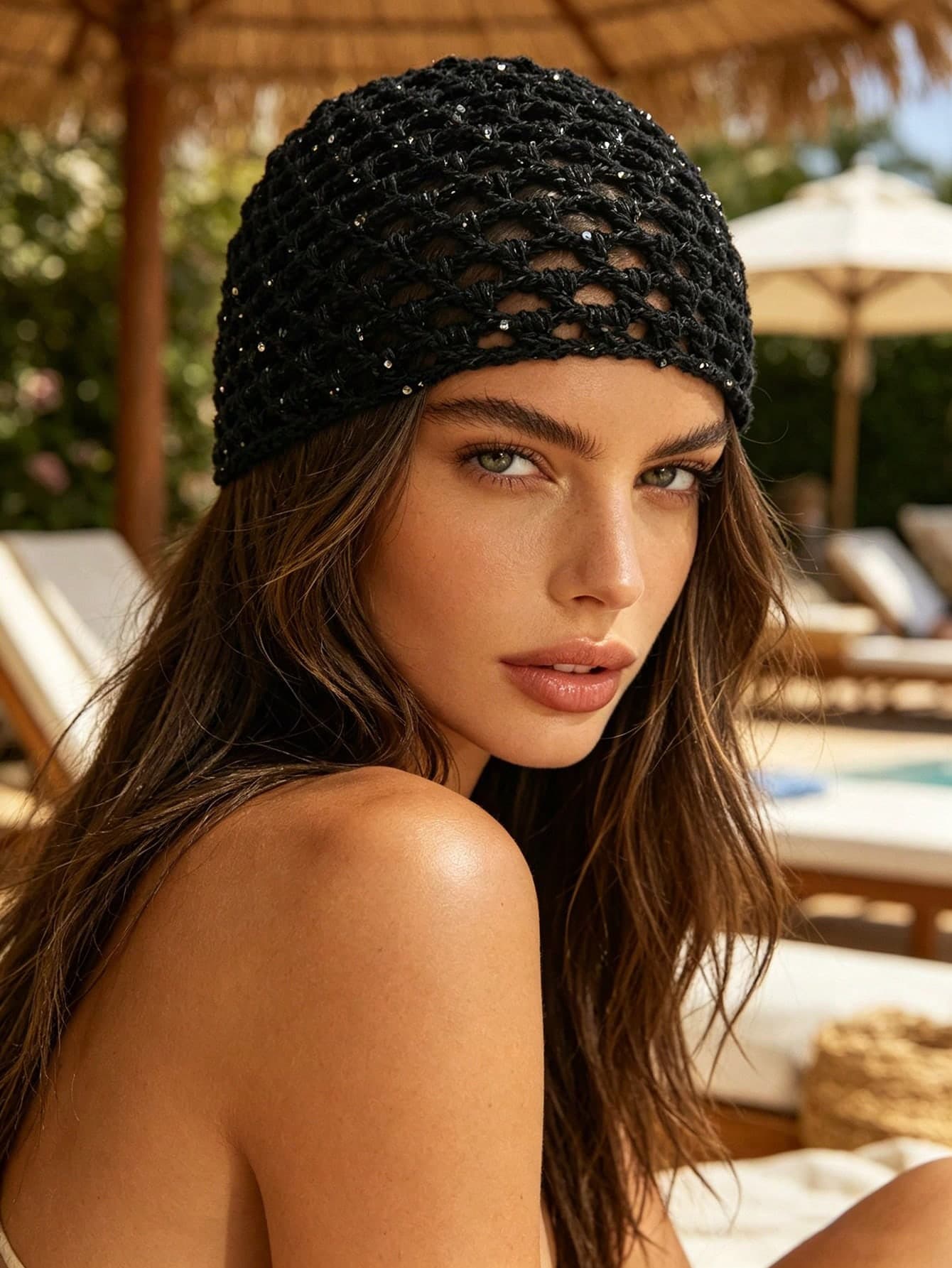 1pc Vintage Sequin Hollow Knit Beanie, Bohemian Style Crochet Mesh Head Wrap, Vacation/Daily Multi-Purpose Knit Hat