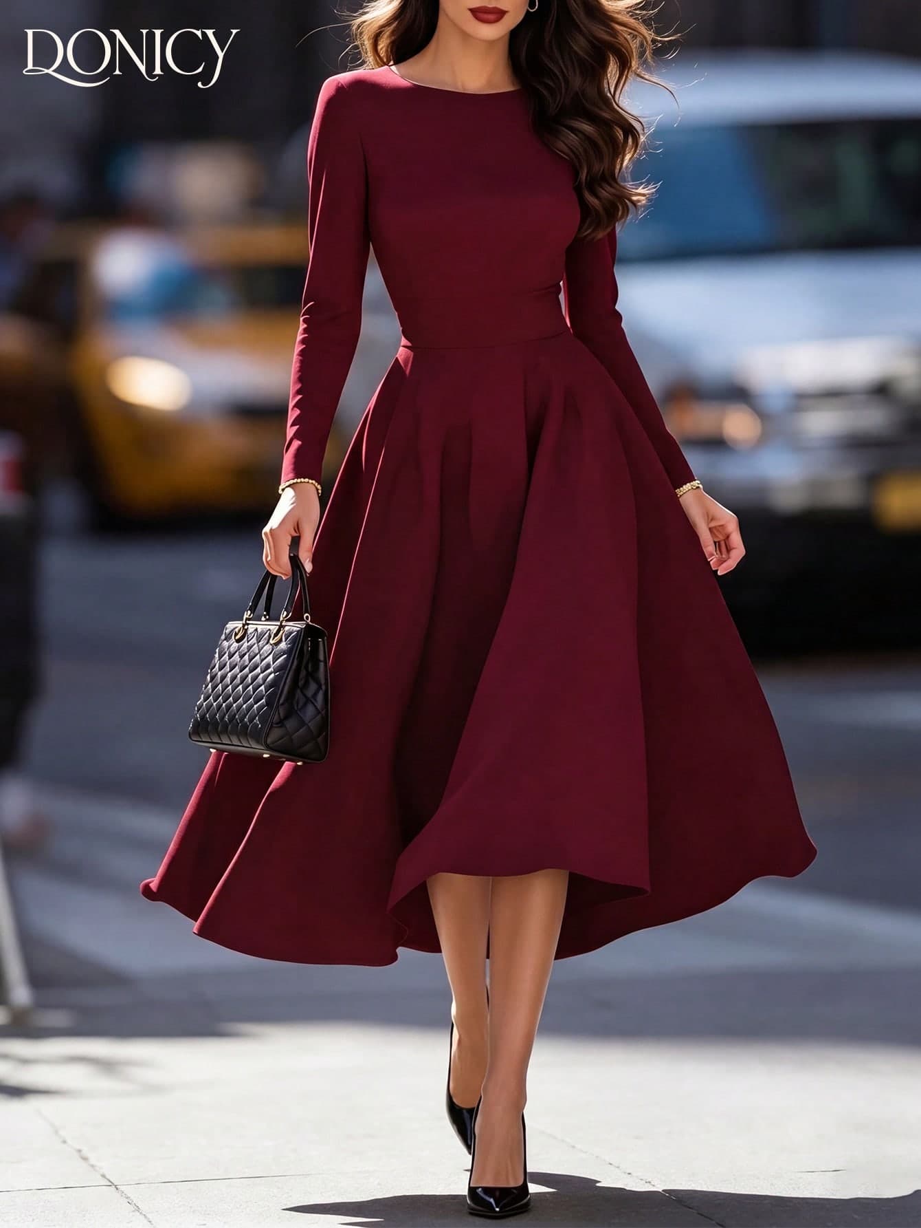 DONICY Elegant Women's Dress, Ladies' Spring And Summer Solid Color Round Neck Waist Tie A-Line Mid-Length Dress, Fashionable Minimalist Elegant Commuter White Dress, Casual, Business, Commute, Outing, Suitable For Valentine's Day, Carnival