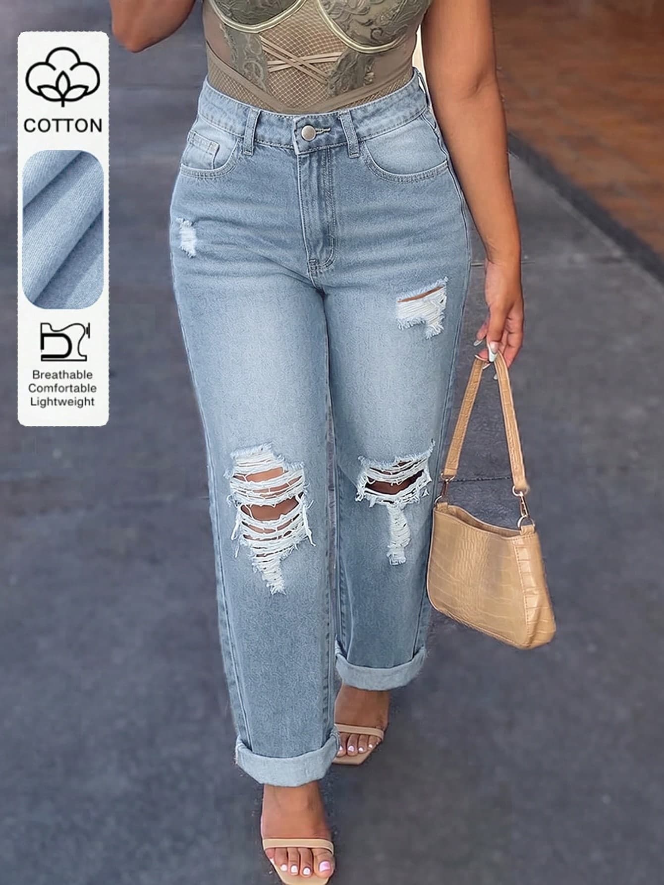 New Casual American Street Style Basic Ripped Loose Straight Leg Women Pants Spring