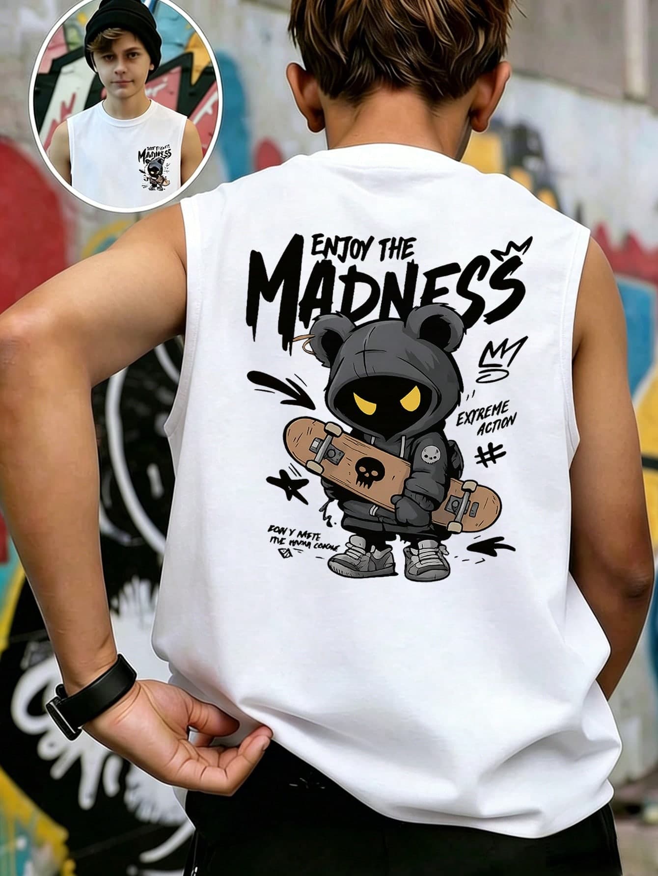 Boys' Skateboard Bear Graphic Tank Top, Children "Crazy Enjoyment" Street Style Sleeveless T-Shirt, Casual Summer Top