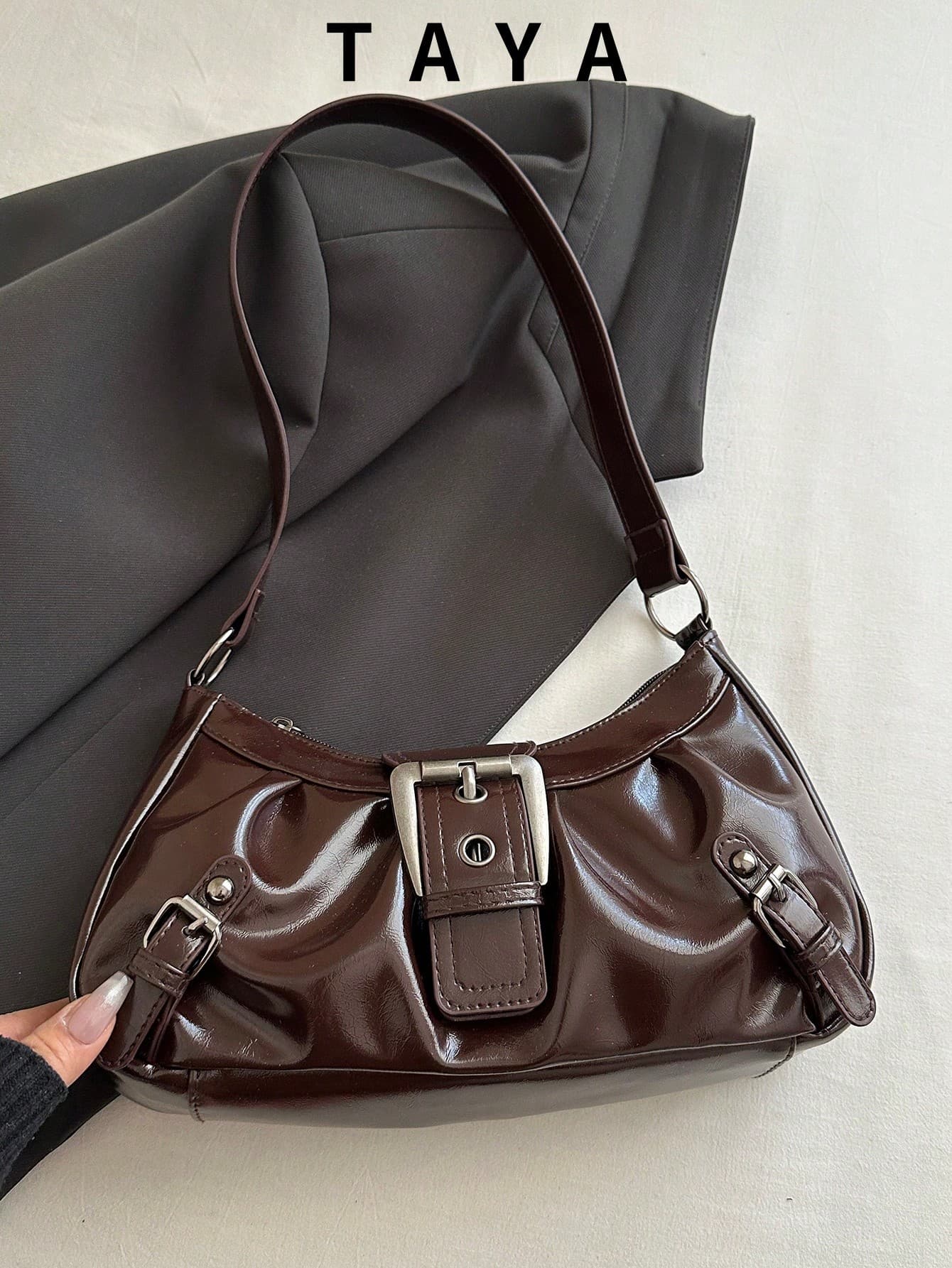 New Vintage Fashion Y2K Style Square Bag, Metal Belt Buckle, Zipper Opening, Lightweight Minimalist, Solid Color Pleated Shoulder Underarm Bag. Suitable For Women's Daily Life, Casual, Commute, Work, Vacation And Student Use