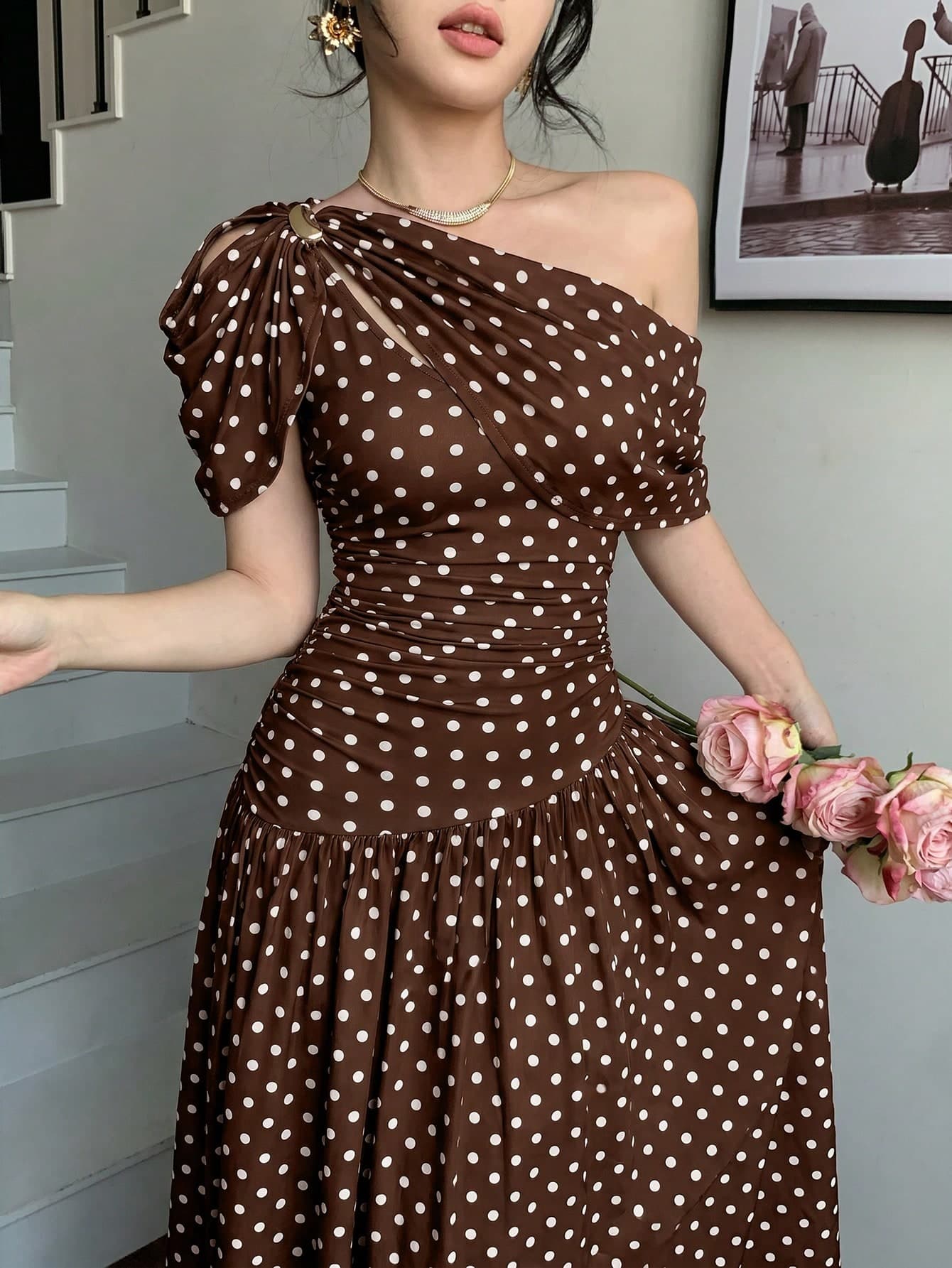 abyoxi Women's Brown Polka Dot Pleated Waist Fitted Flare Dress, Elegant & Fashionable, Suitable For Party, Date, Holiday, Wedding, Formal Occasion, Banquet, Teacher's Day, Mother's Day, Graduation Ceremony, Stretchy Slim-Fit Long Dress For Spring & Summer