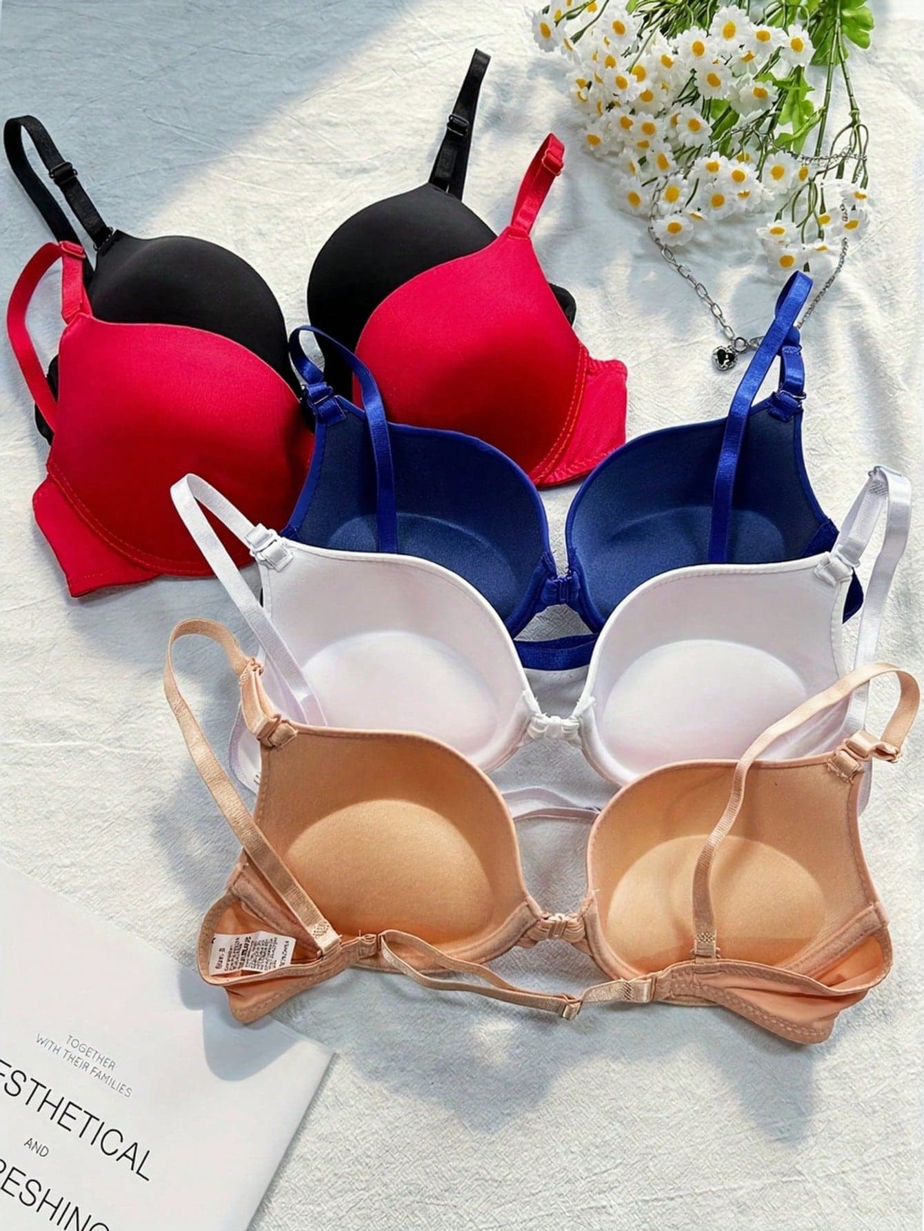 5pcs Women's Bra Set, Colorful, Adjustable Front Closure, Smooth Seamless, Spaghetti Strap, Backless Design