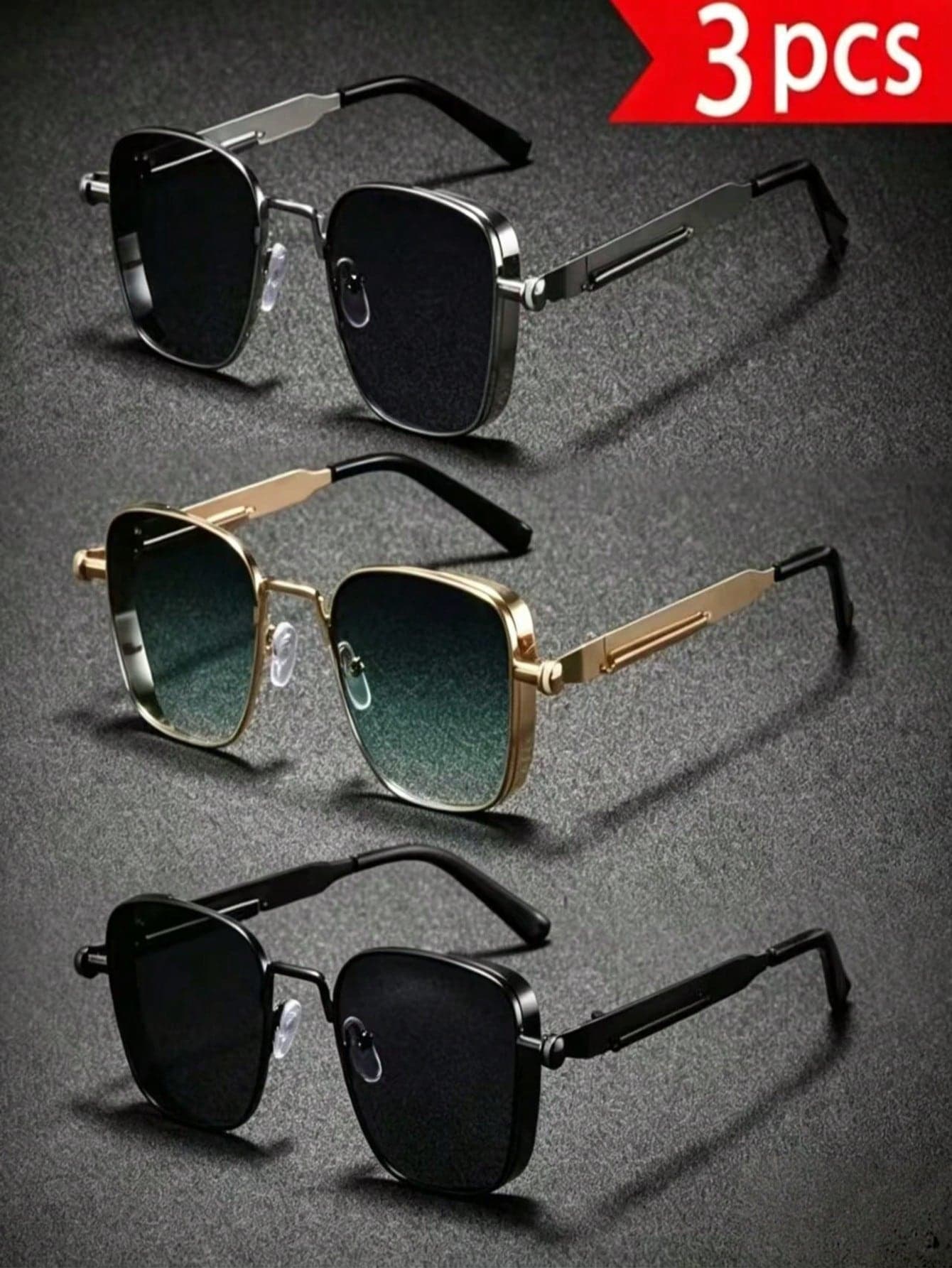 3pcs Solid Color Retro Fashion Thick Frame Punk Fashion Glasses, All Season