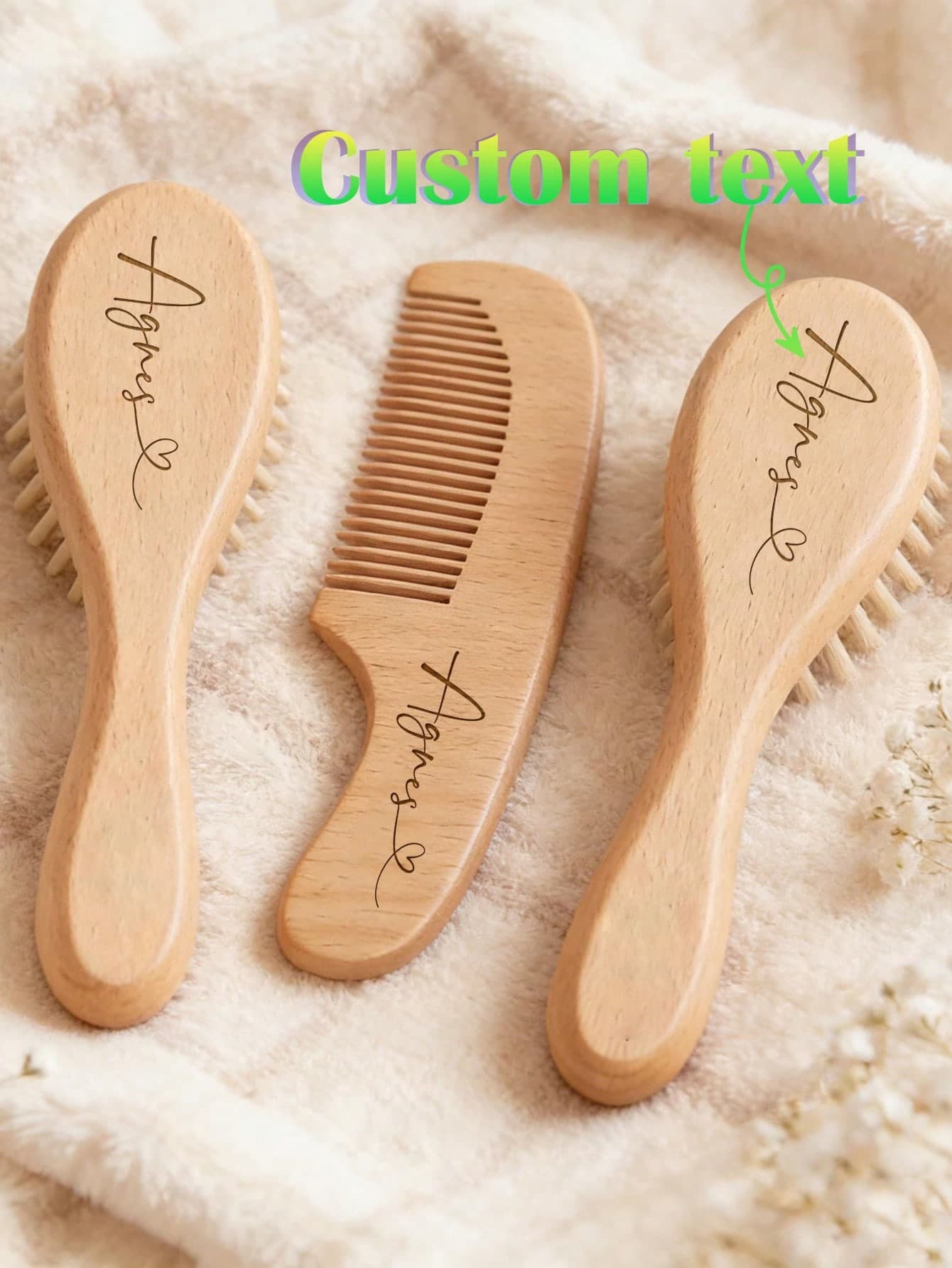 Customized Text Logo 3-Piece Set Personalized Baby Comb Newborn Gift | Customizable Engraved Baby Comb | Newborn Keepsake - Wooden Material - Unisex For Baby Boys And Girls - Suitable For Daily Use And Special Occasions - Perfect Gift For New Moms, Back To School Gift, Customizable, Personalized, Unique, Customizable, Ideal Gift For Him, Ideal Gift For Her, Customized Children's Growth Keepsake, Comfortable And Easy To Use, Birthday Gift