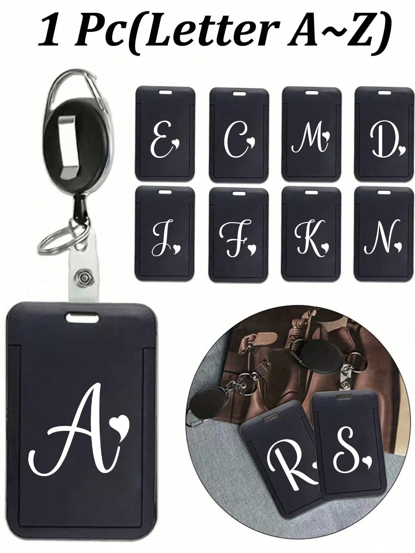 Black Anti-Theft Card Holder With Black Retractable Clip, Artistic Heart Letter A-Z, Thumb Slot Hard Plastic Card Protector, Expandable ID Holder, Medical Insurance Card Protector, Waterproof Medical/Bank/Social Security Card Protector, Bus Card Holder, Meal Card Holder
