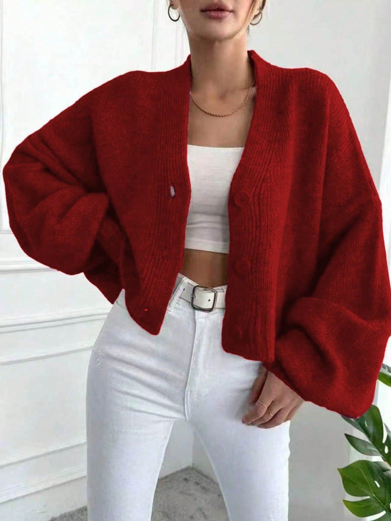 2025 European And American Style Spring/Autumn/Winter New Versatile Loose Short Sleeve Knit Long Sleeve Sweater Cardigan Outerwear For Women Red