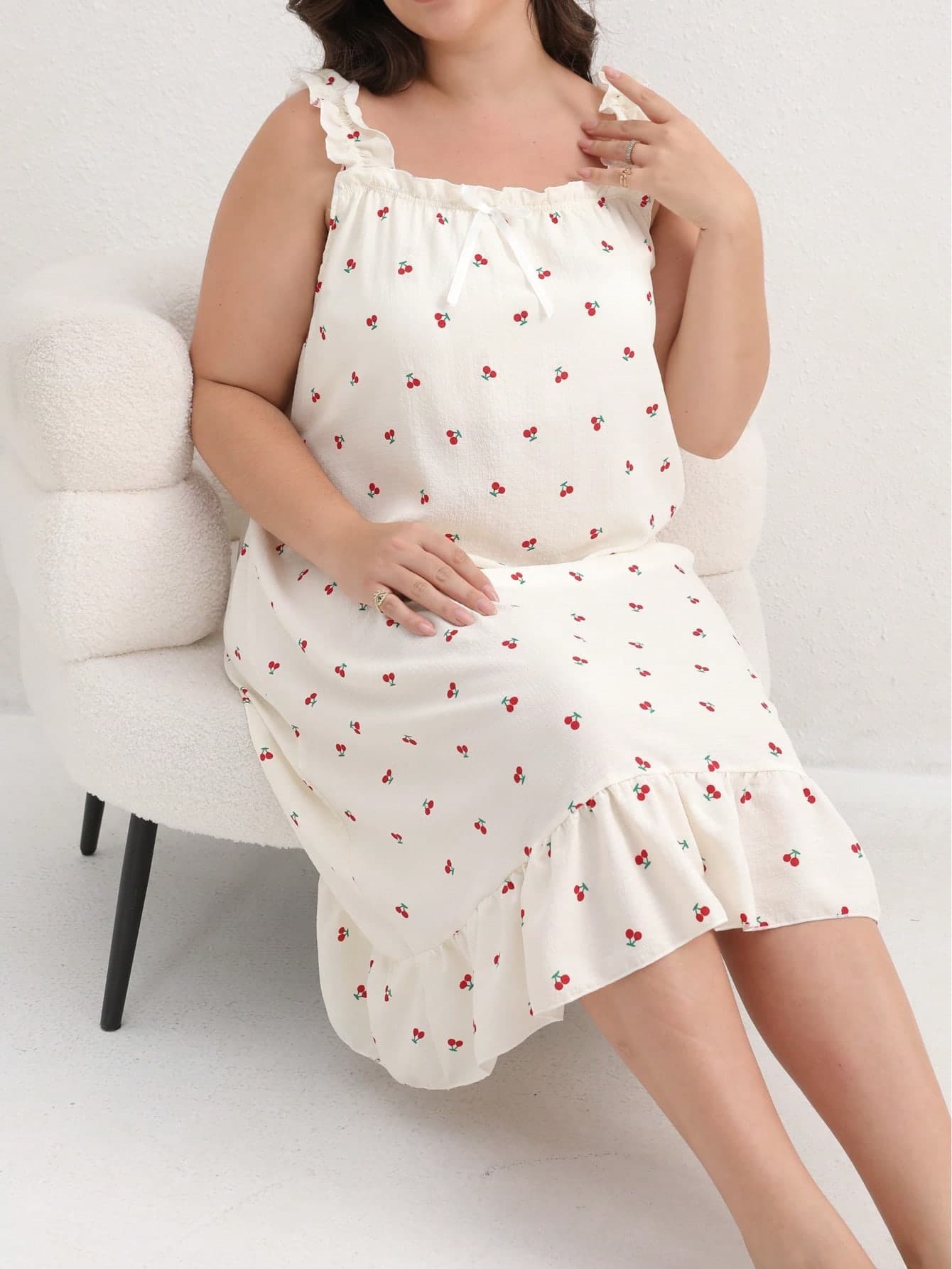 Plus Size Women's Casual Loose Fit Spaghetti Strap Nightgown With Ruffle Hem, Cherry Sweet Print, Bow Decor, Suitable For Mother's Day