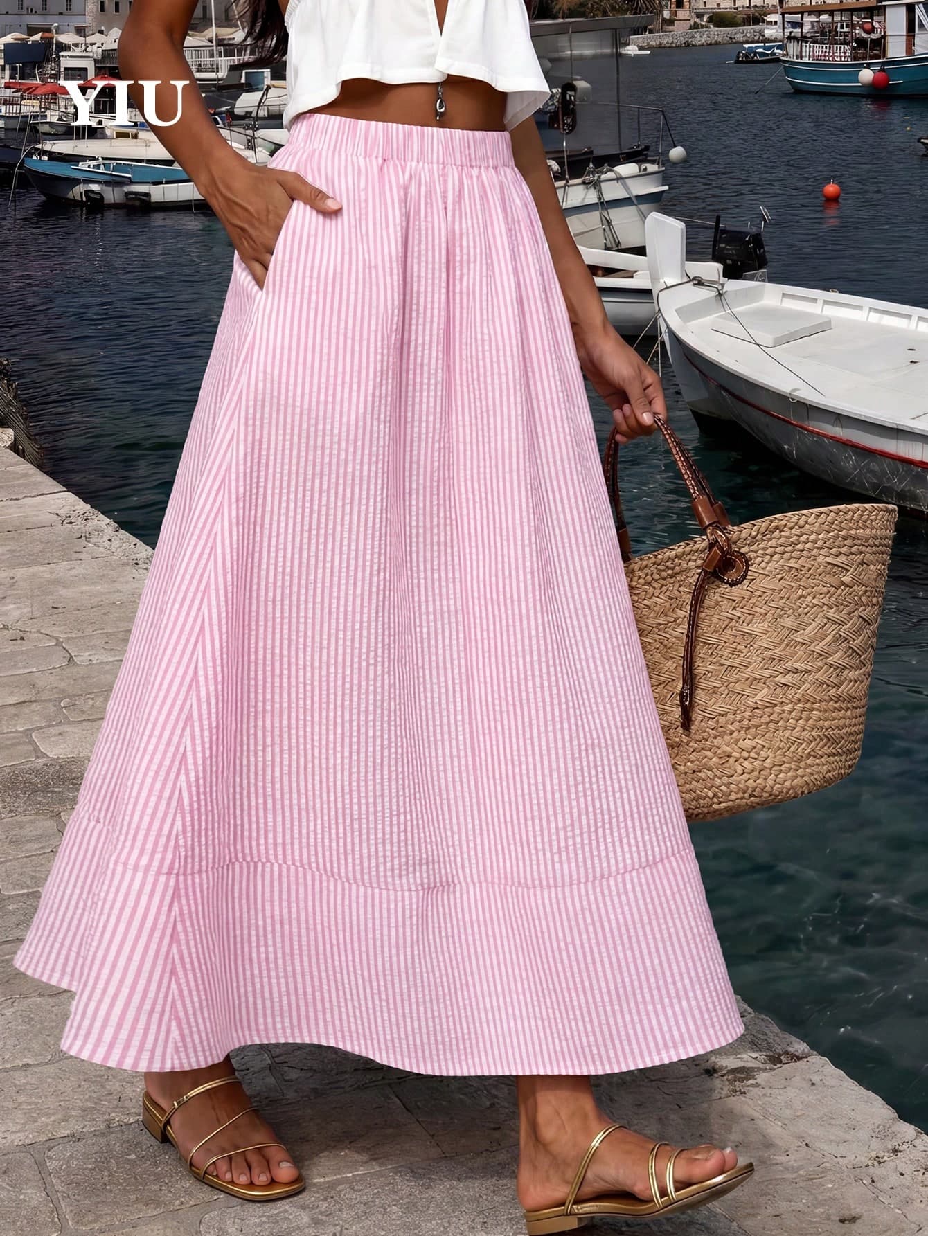 YIU Women's Pink Striped Umbrella-Shaped Minimalist Elegant Long Dress, With Pockets, Suitable For Daily Casual, Office, Travel, Dating Wear