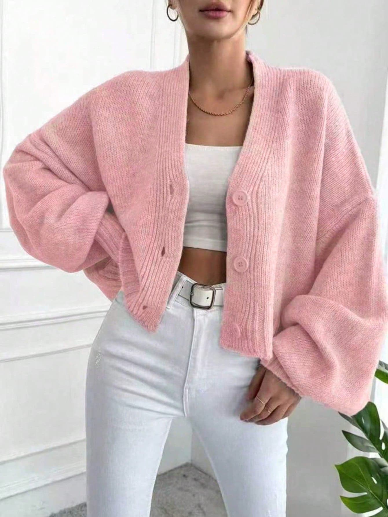 2025 European And American Style Spring/Autumn/Winter New Versatile Loose Short Sleeve Knit Long Sleeve Sweater Cardigan Outerwear For Women Pink