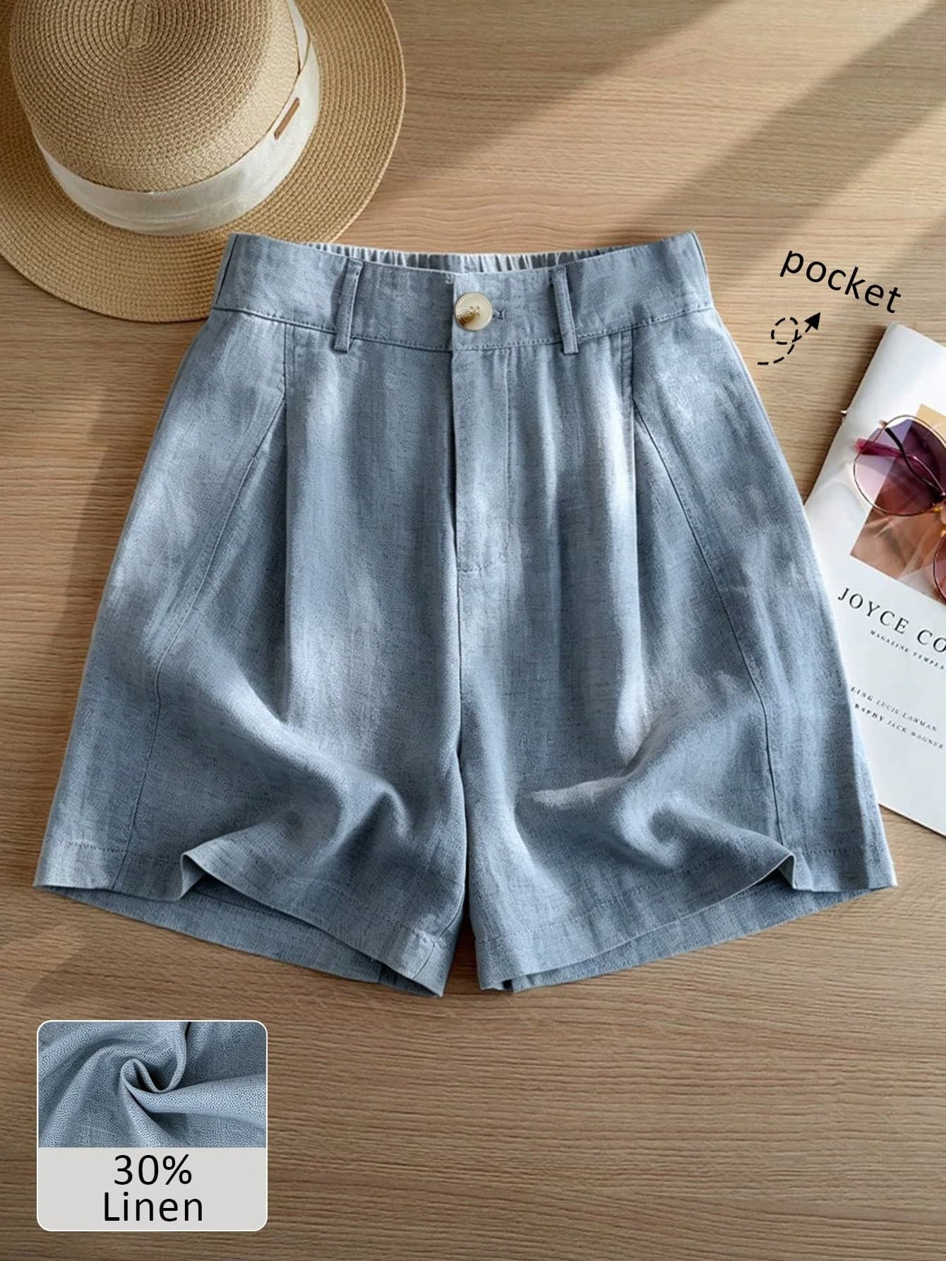 Women's Casual Linen Blend Pleated Design Side Pocket A-Line Shorts, Spring/Summer, Vacationcore