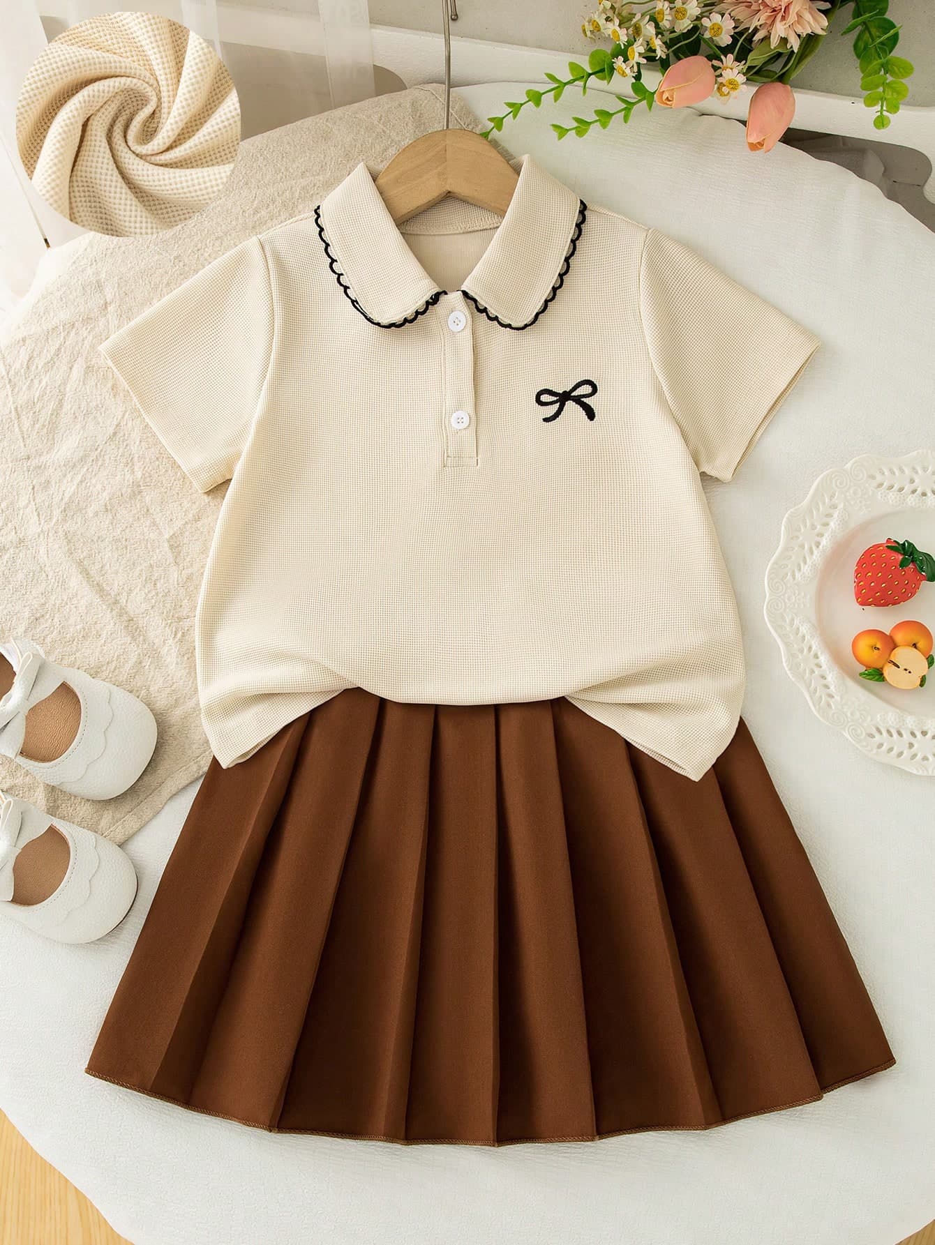 2pcs/Set Girls Casual Bow Tie Print Short Sleeve Top With Button Collar And Pleated Skirt, Summer Outfit