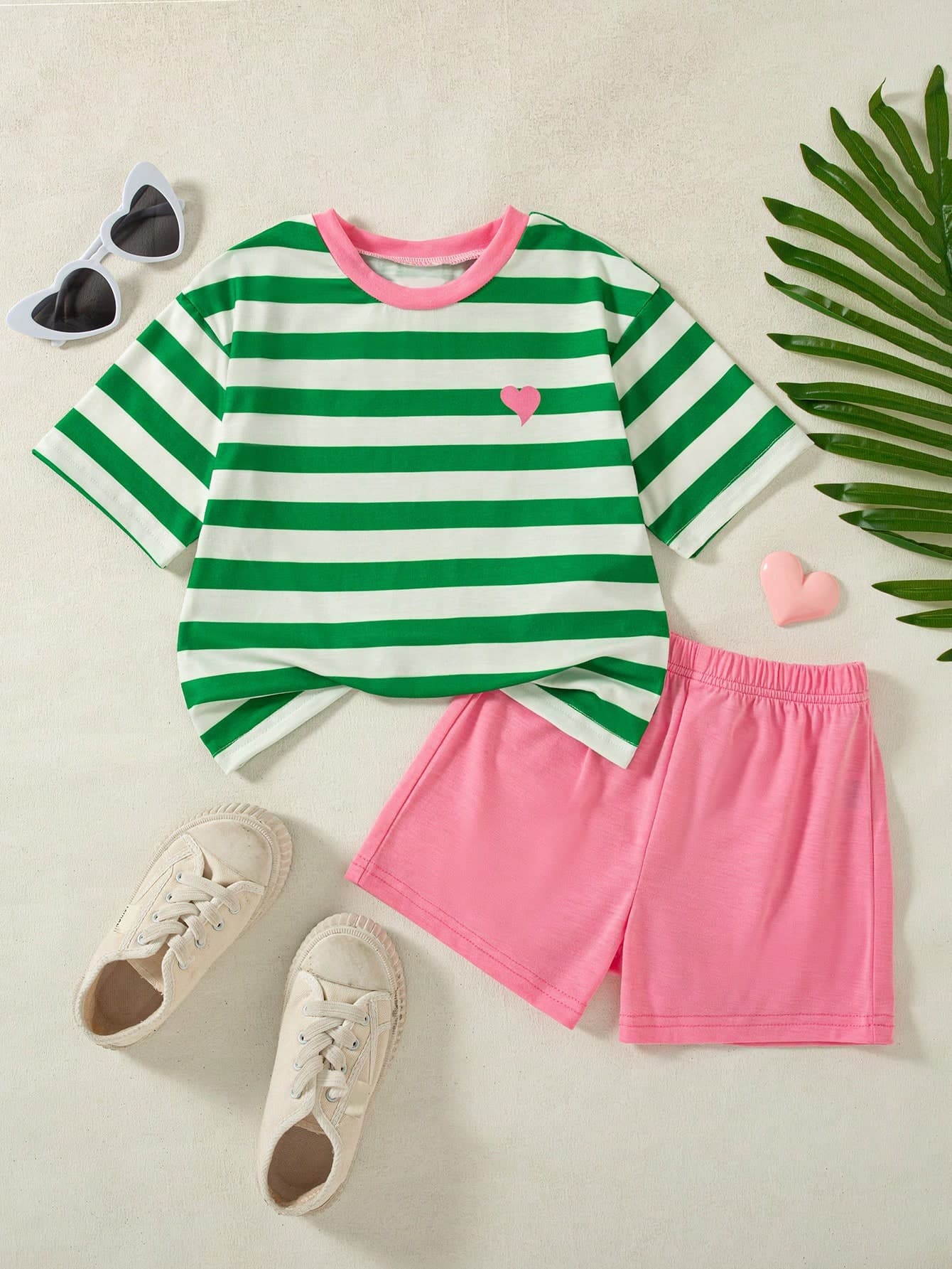 2pcs/Set Girls Casual Striped Print Decor Raglan Sleeve Top And Solid Color Shorts Set, Spring/Summer