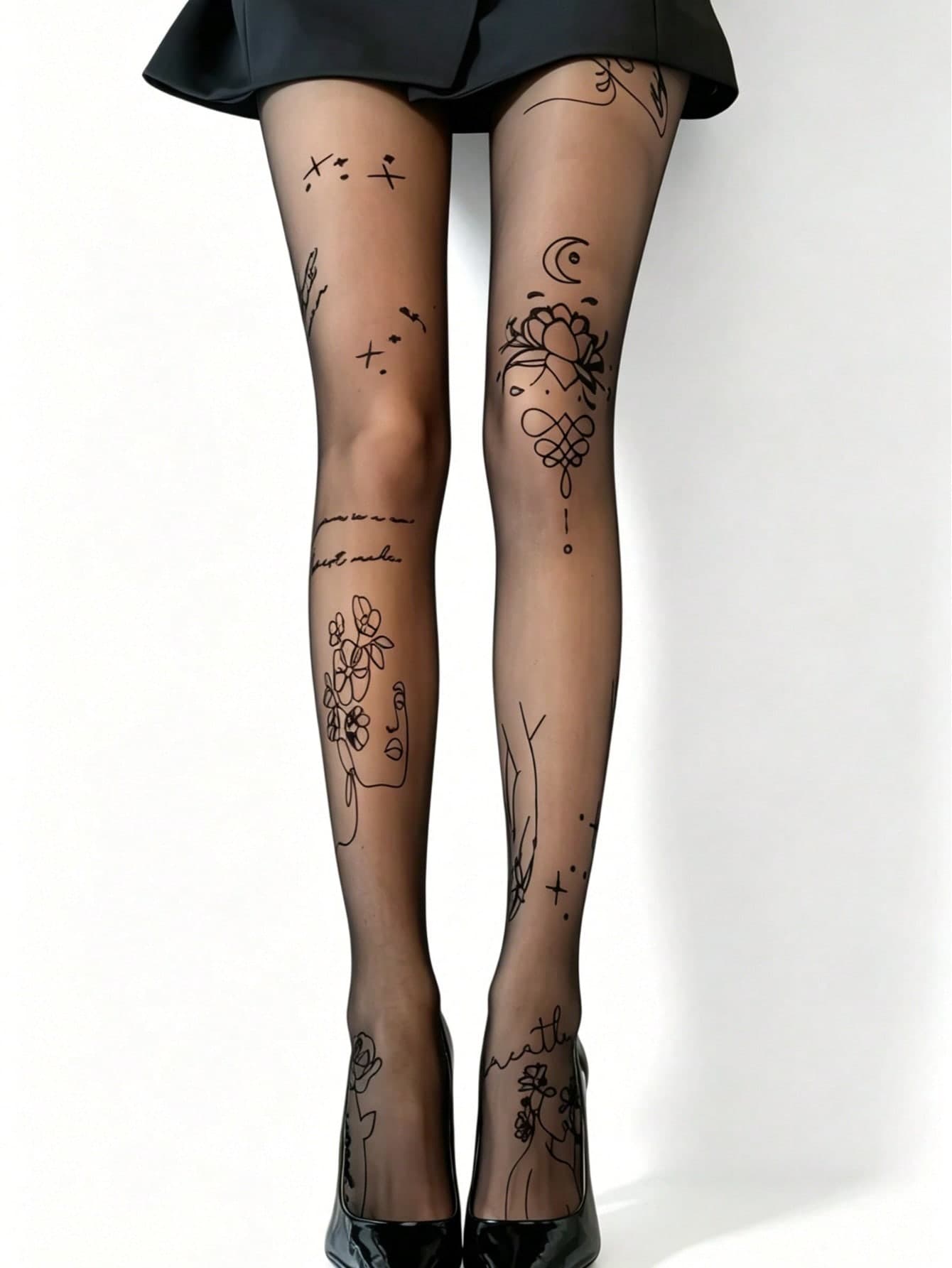 1 Pair Women's New Lotus Print Tights, Fashionable Sexy Elegant. Perfect Match With Dresses, Very Suitable For Fashion Enthusiasts. Suitable For Daily Wear, Dating And Various Occasions