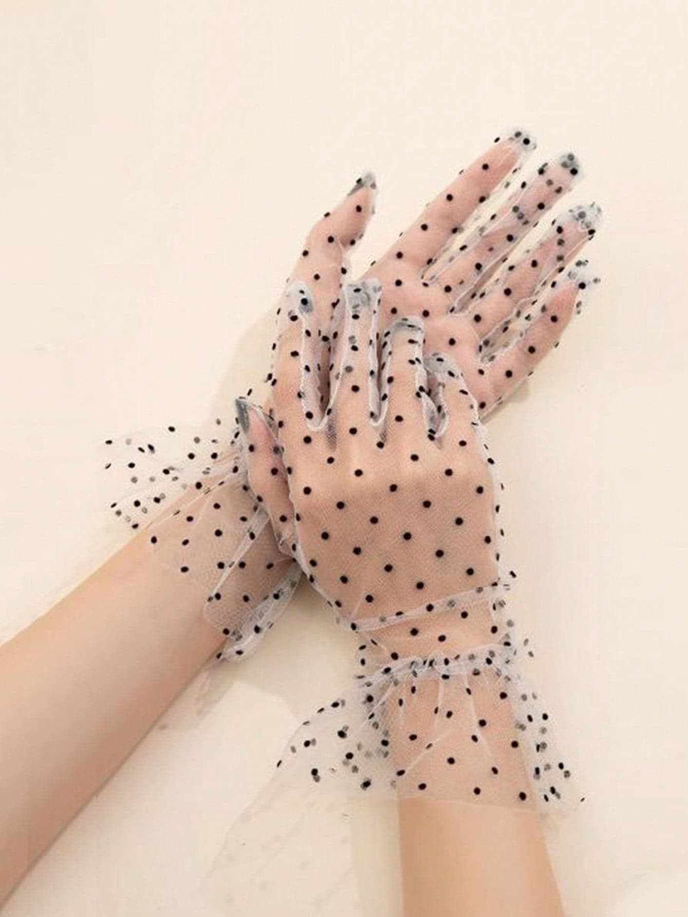 1 Pair D EXCEED Polka Dot Transparent Mesh Short Gloves, Elegant Lace Trim Mesh Gloves, Suitable For Weddings, Tea Parties, Makeup, Balls And Other Formal Occasions, Vintage Women's Gloves