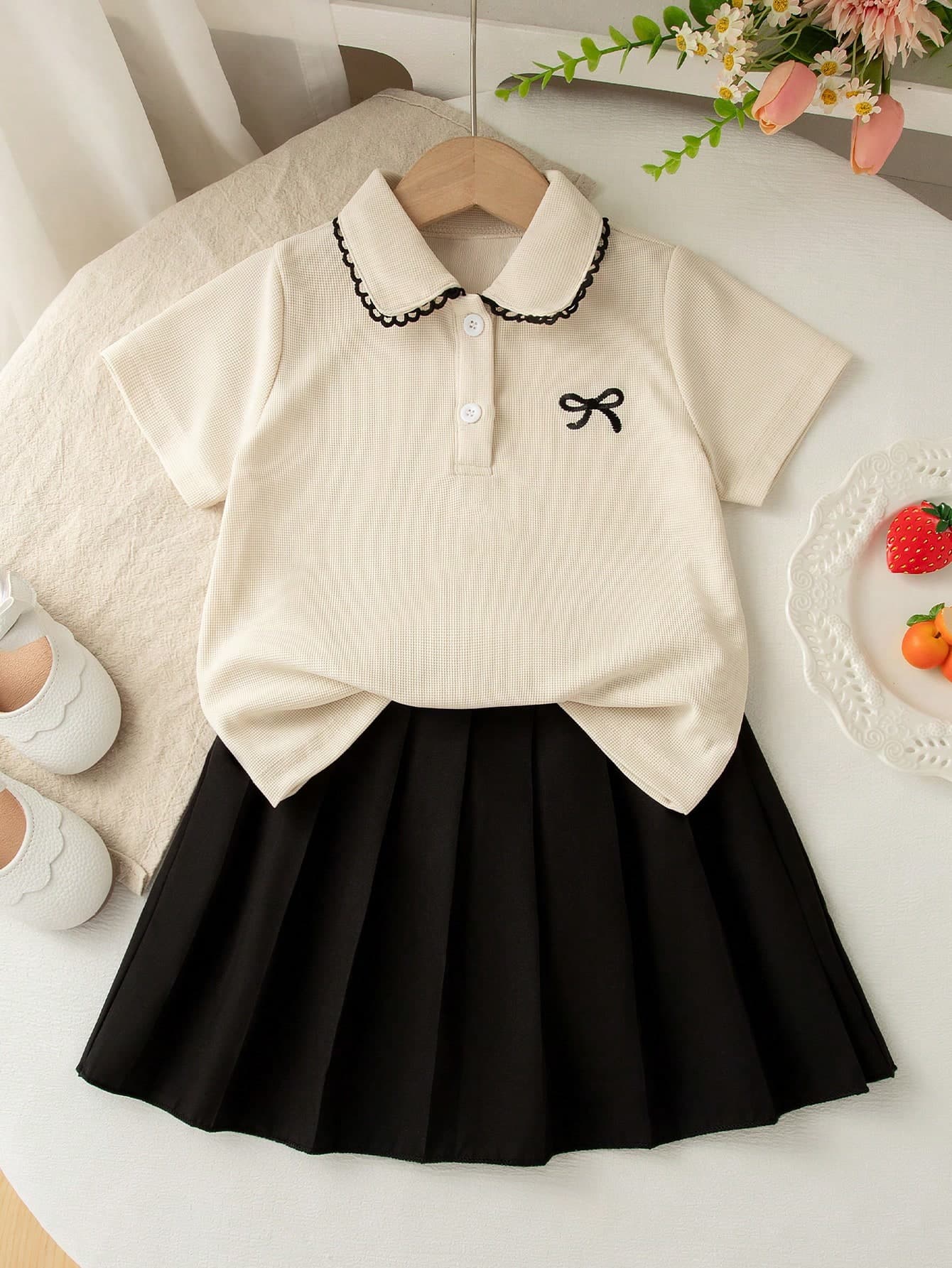 2pcs Girls Casual Bow Print Button Collar Short Sleeve Top And Pleated Skirt Set, Summer