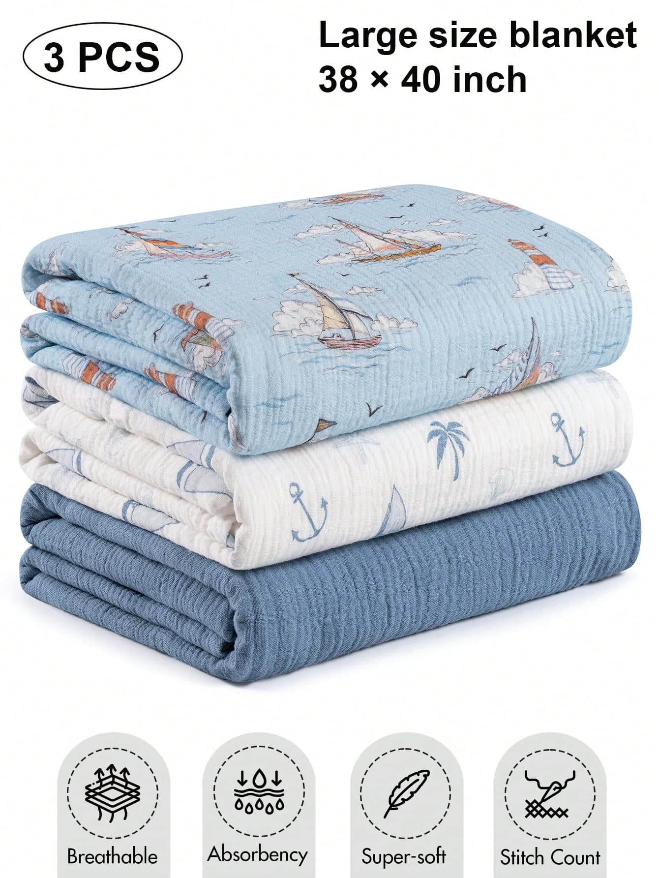 3pcs/Set Baby Gauze Blanket, Pure Cotton Breathable Soft Receiving Blanket, Large 38 X 40 Inch, Burp Cloth, Essential Baby Shower Gift