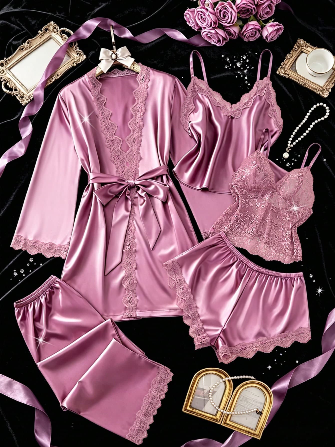6pcs Women's Sexy Lingerie Sleepwear Set, Adjustable Lace Top, Shorts And Pants, Lace Patchwork Waistband Robe, Soft Comfortable Home Casual Wear