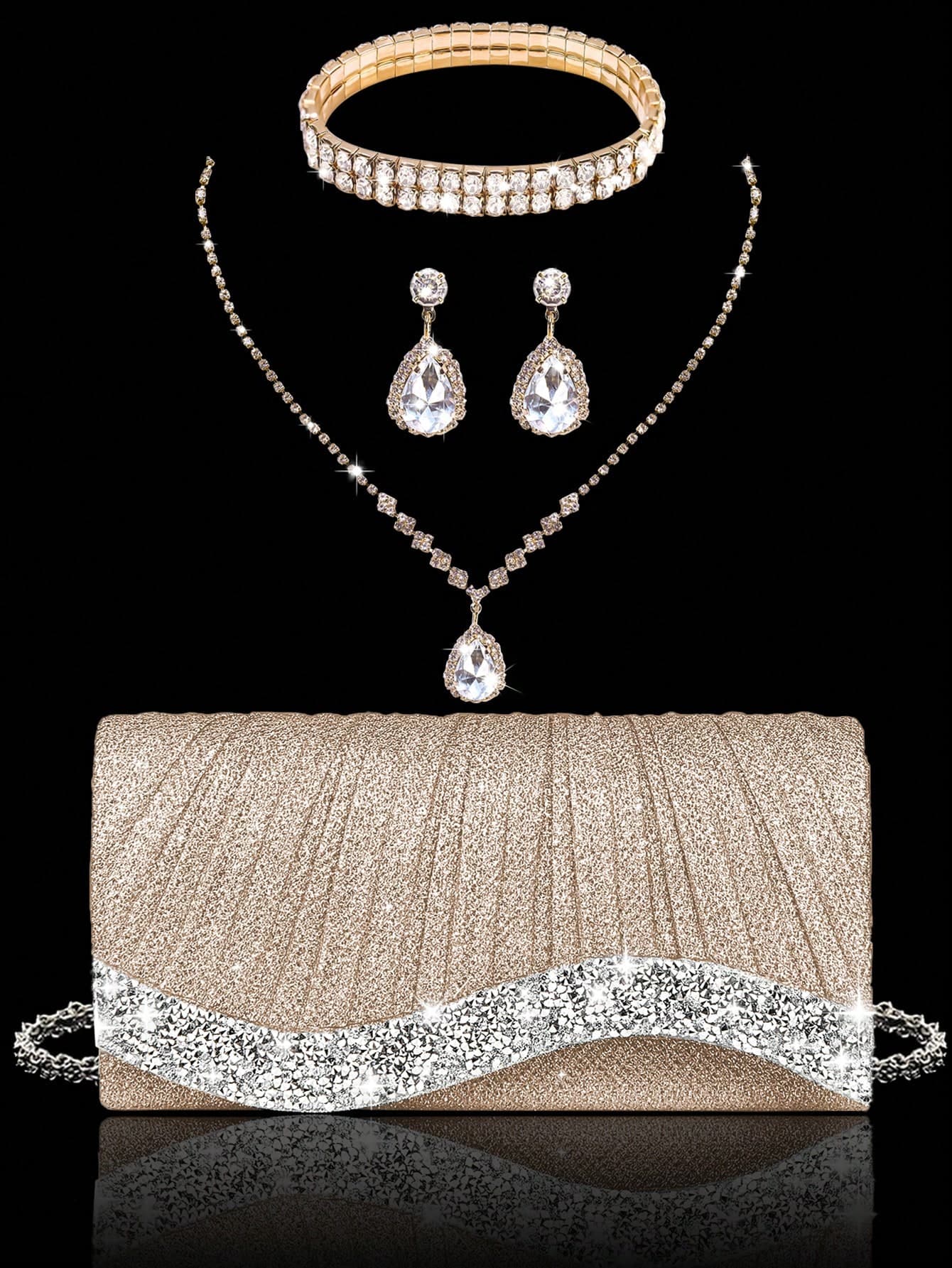 Shiny Women's Clutch Bag, New Rhinestone Evening Bag, Women's Party Bag, Luxury Envelope Bag, Bridal Wedding Bag, Paired With Shiny Rhinestone Jewelry 3 Pieces Set, Rhinestone Necklace, Earrings, Bracelet, Suitable For Party, Evening, Gathering, Ball, Wedding And Other Occasions.