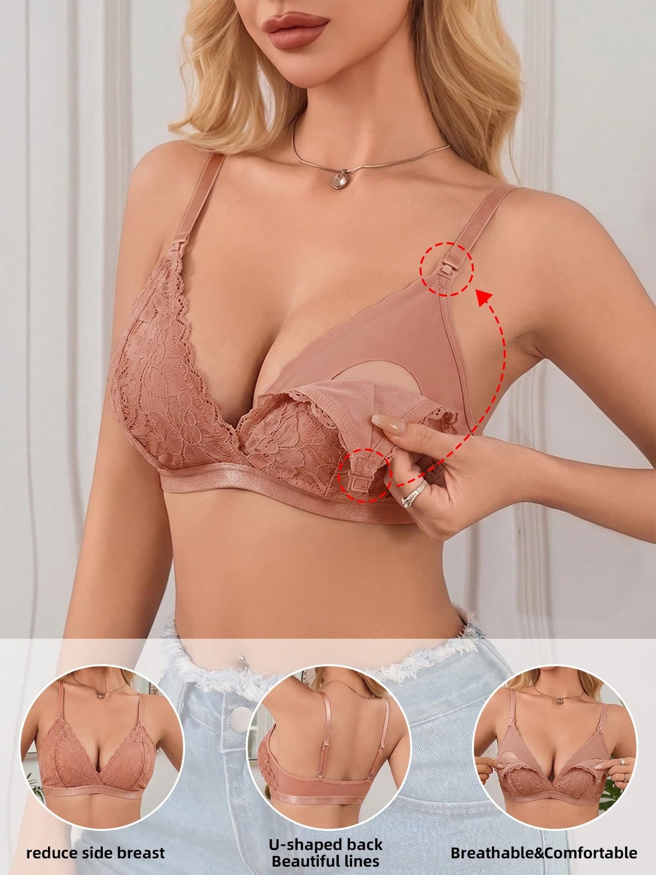 Maternity Front-Open Nursing Bra, Sexy Floral Lace, Adjustable Shoulder Straps, Comfortable Bra