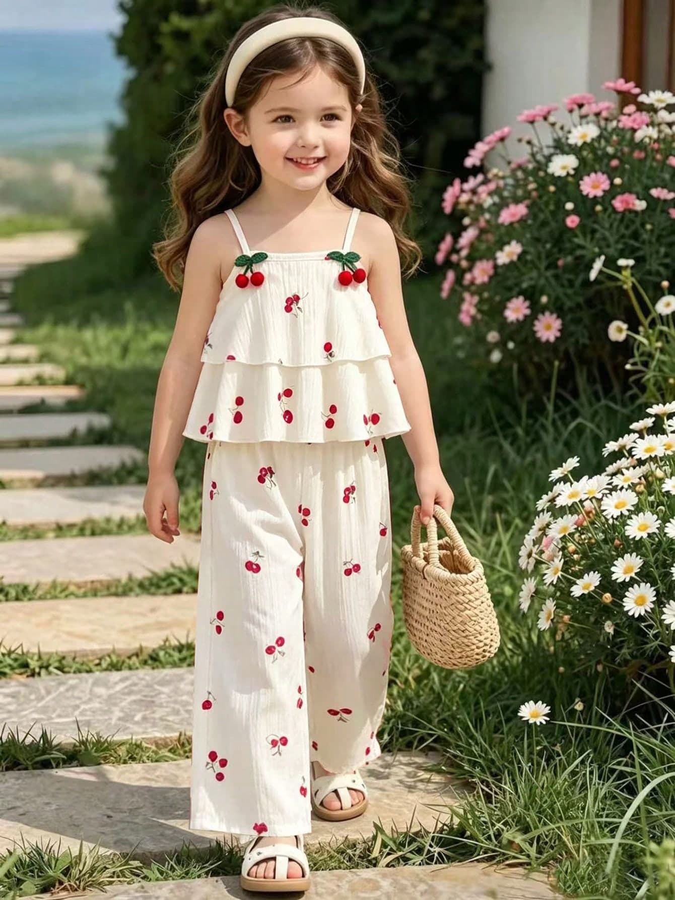 Galaxy Graffiti 2pcs Girls Summer Set, Cherry Print 3D Pom Pom Decor Camisole Top + Straight Leg Pants, Fashion Outfit For Daily Wear, Party, Family Outing & Vacation