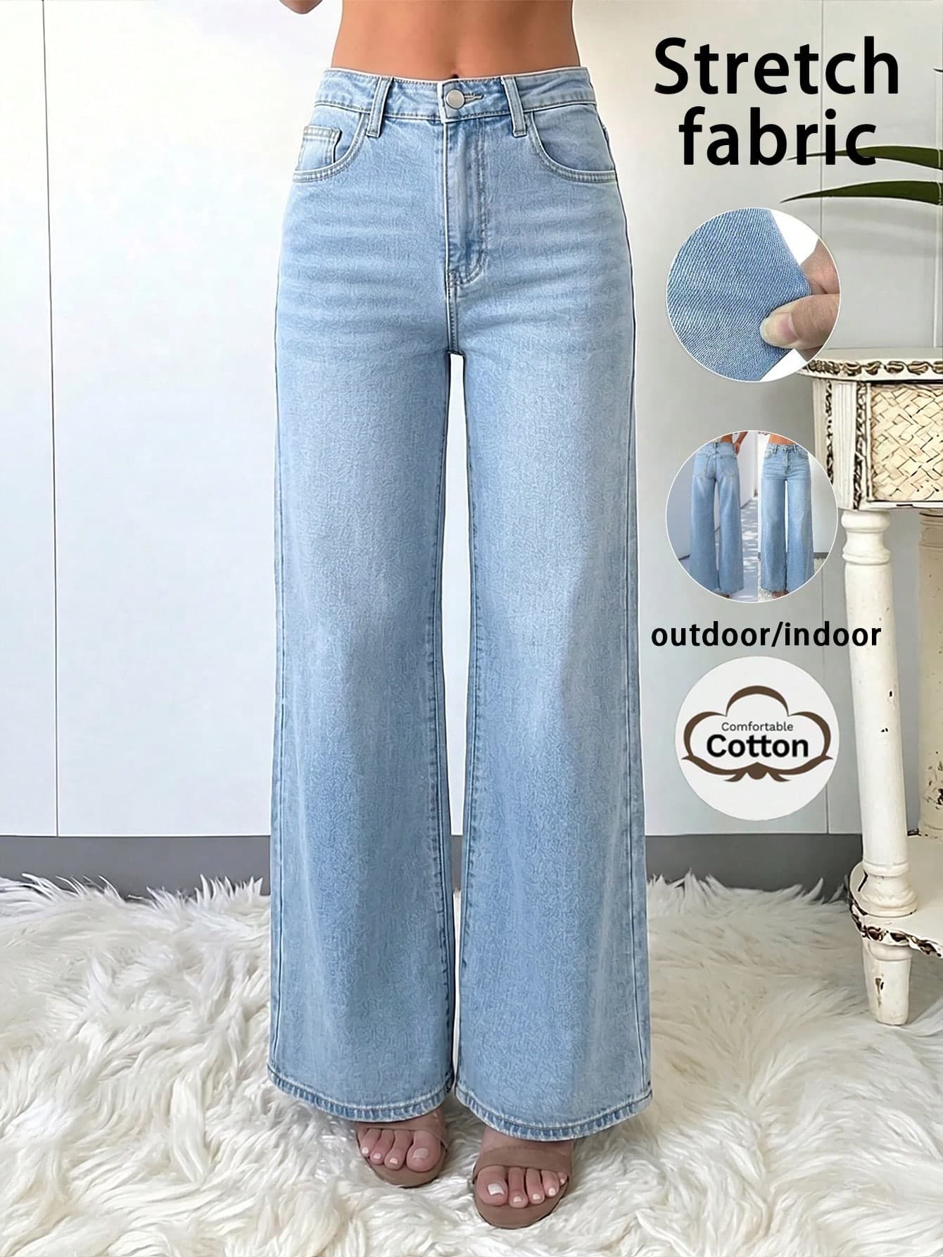 Elegant & Casual Women's Wide Leg Jeans, Denim Effect, Solid Color Washed, Full Length, Medium Stretch Spring