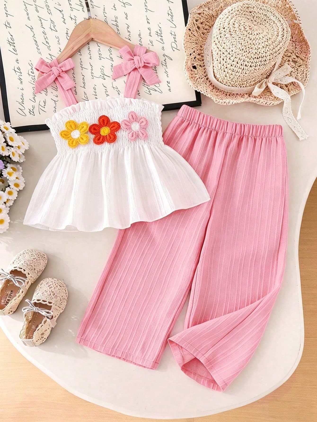 2pcs/Set Young Girl' Summer Camisole Top And Wide Leg Pants Set, 3D Crochet Sunflower Camisole + Pink Textured Wide Leg Pants With Shirred Waist, 2pcs Bow Strap Breathable Textured Fabric Pants Suit, Sweet Vacation Outfit