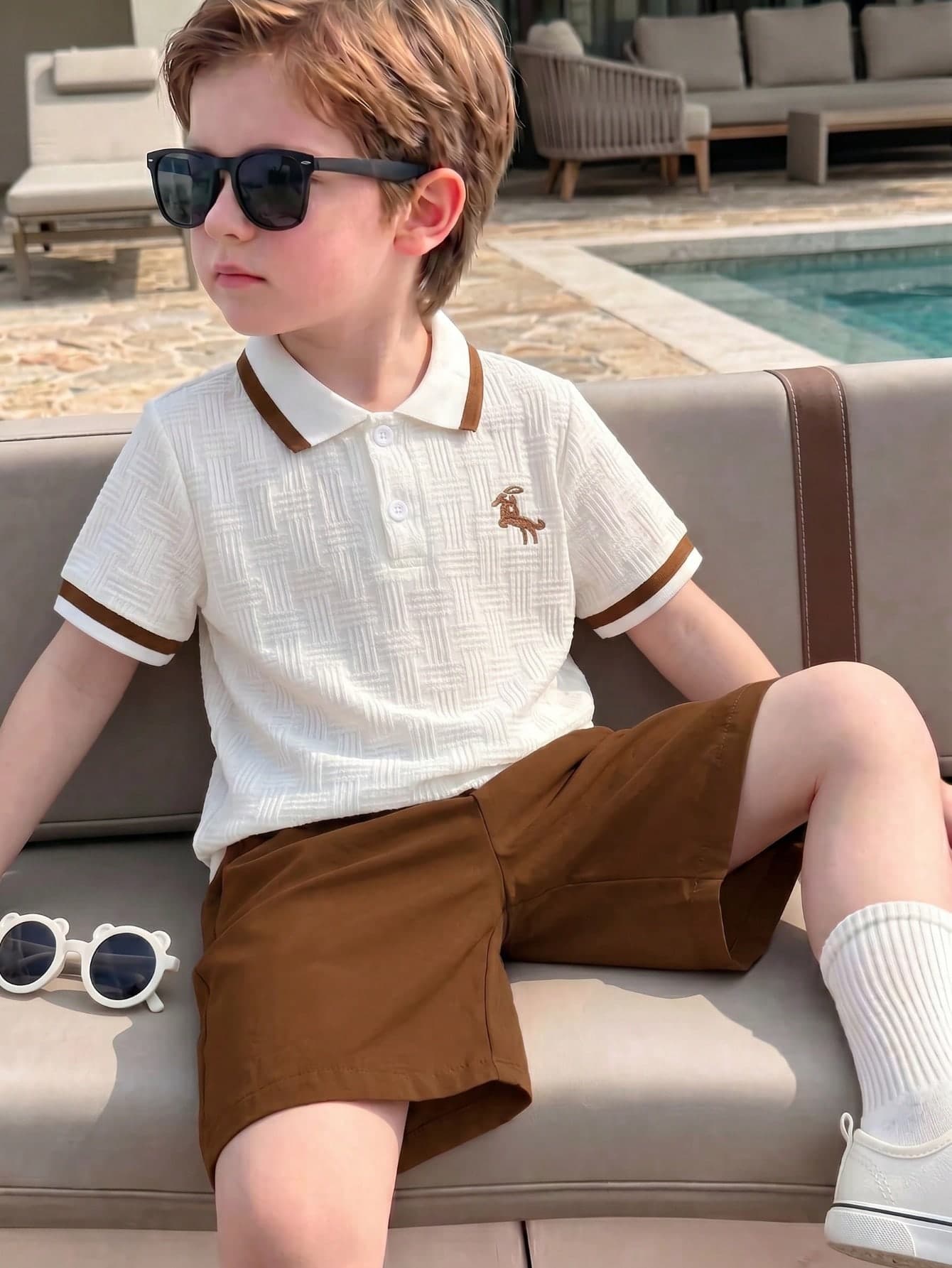 2pcs/Set Young BoyCute Pony Embroidery Polo Collar Short Sleeve T-Shirt And Casual Shorts Set, Summer