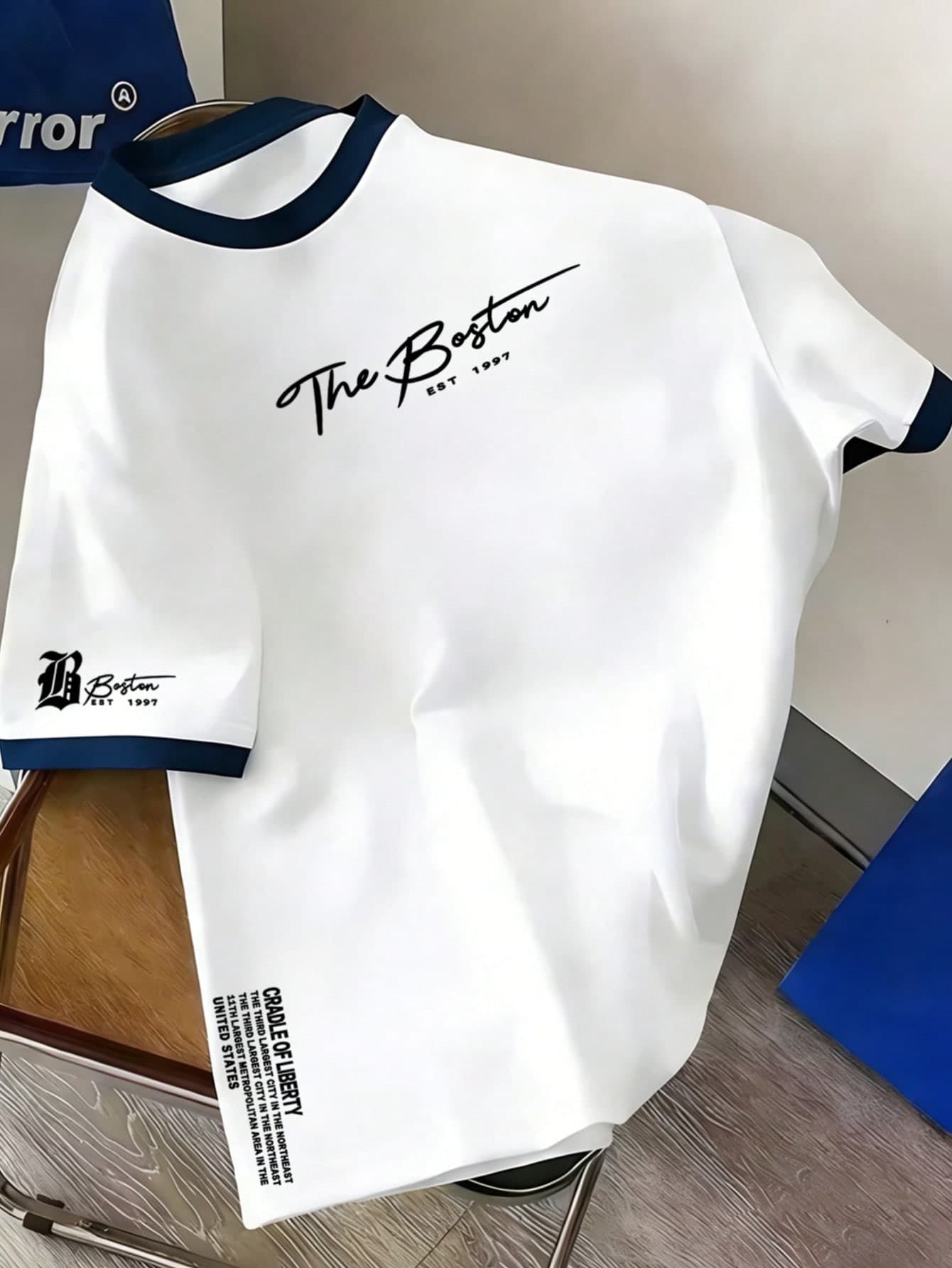 Boys' Round Neck Short Sleeve T-Shirt, Contrast Trim Printed With "The Boston" And EST 1997 Pattern, Breathable Comfortable Casual Tee For Daily Wear And School