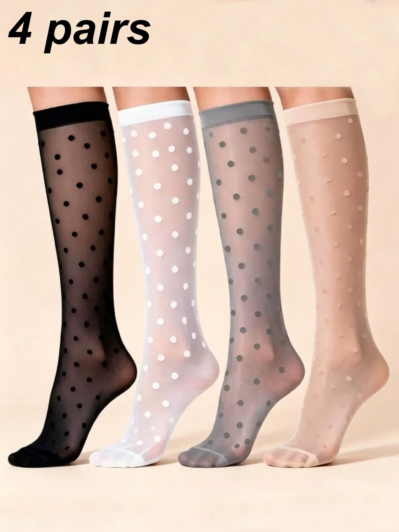 4 Pairs Women Polka Dot & Solid Color Knee High Socks - Comfortable, Fashionable, Quick-Drying, Soft - Suitable For Daily Wear, Travel, Skirt Matching