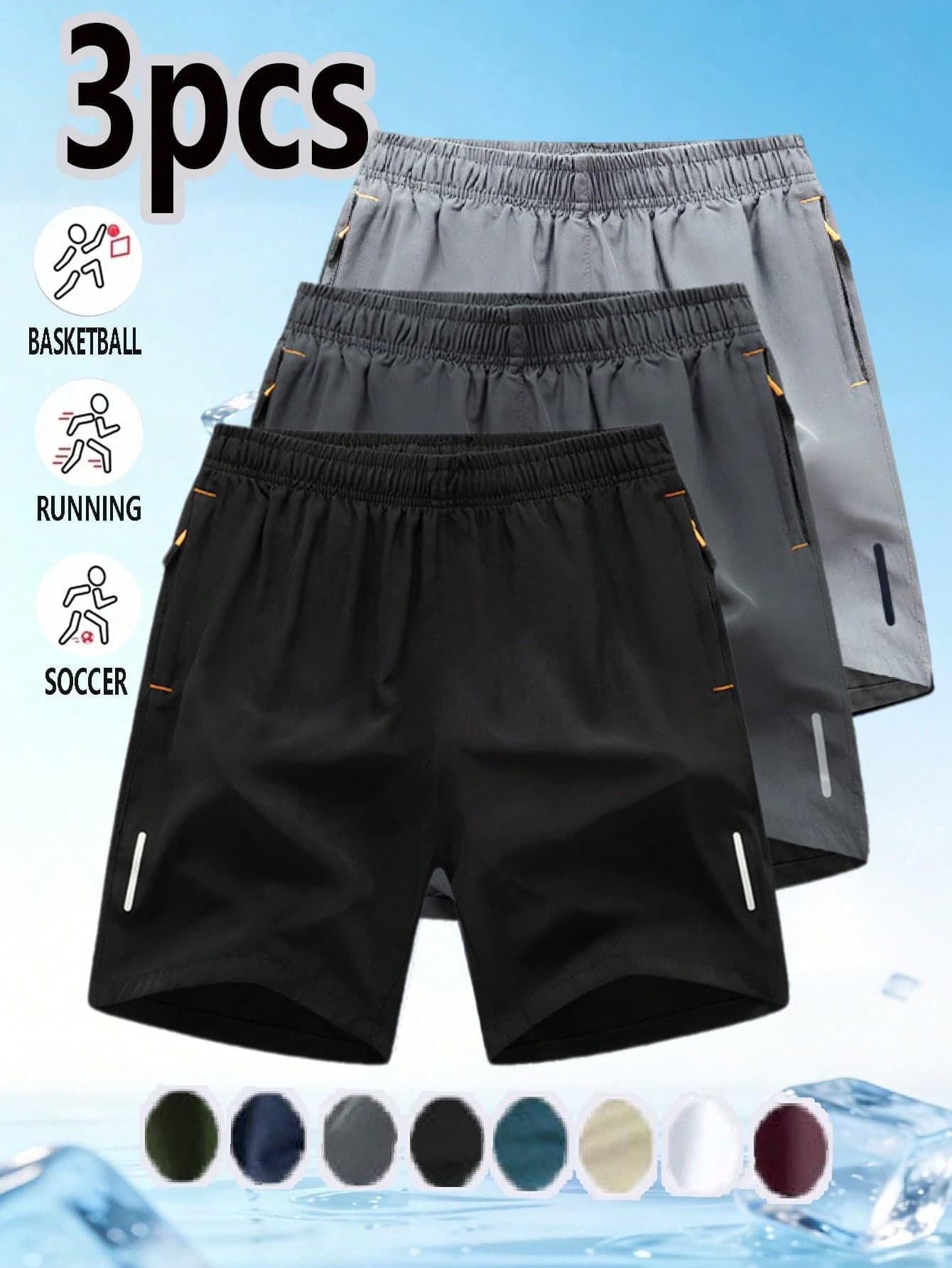 3pcs Men's Sports Shorts, Fitness Workout Reflective Strip Print Drawstring Elastic Waist Running Summer Pants