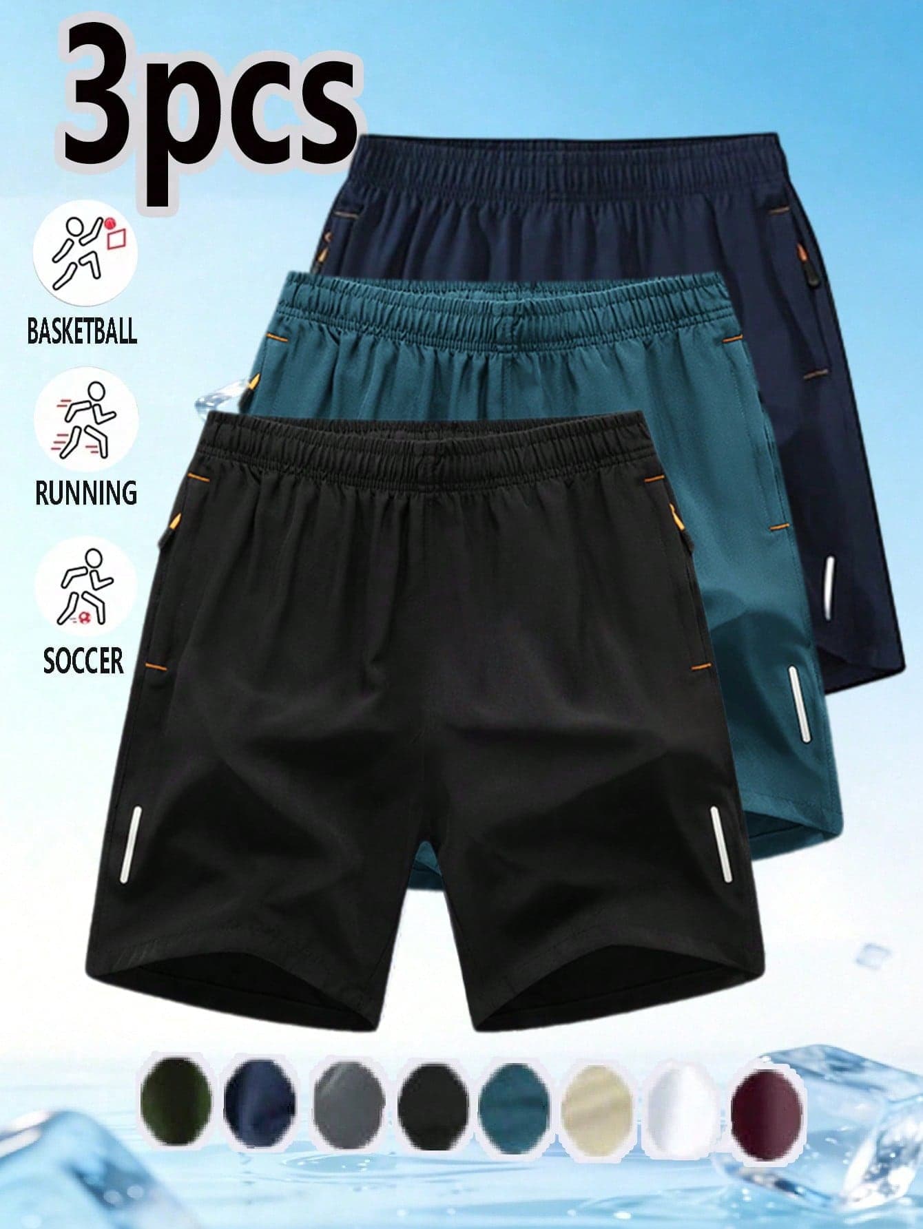 3pcs Men's Sports Shorts, Fitness Workout Reflective Strip Print Drawstring Elastic Waist Running Summer Pants