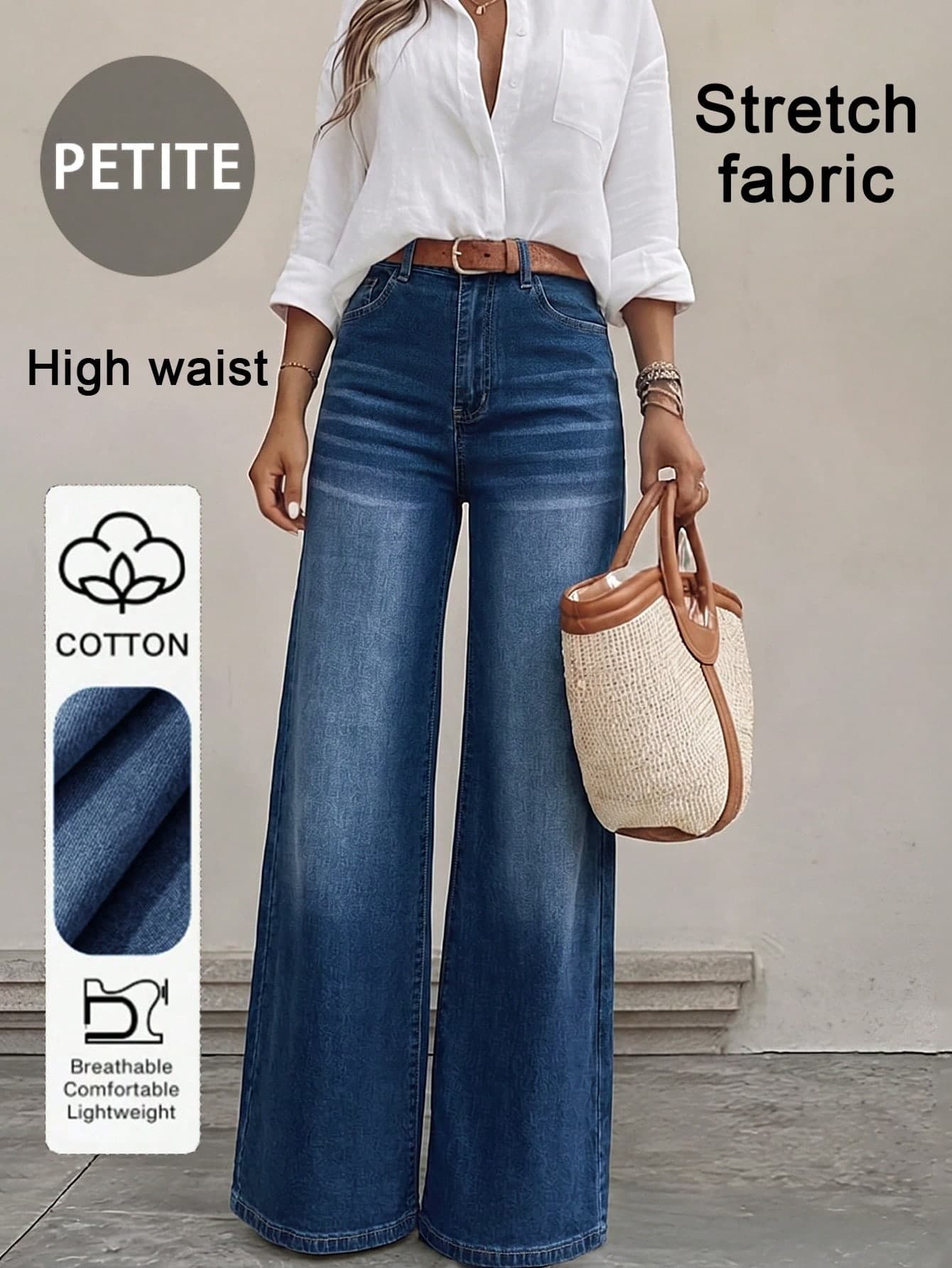 Women's Casual Straight-Leg Jeans, Medium Stretch Fabric For Comfort And Fit, Button Detail For Everyday Versatile Wear. ,Petite Women