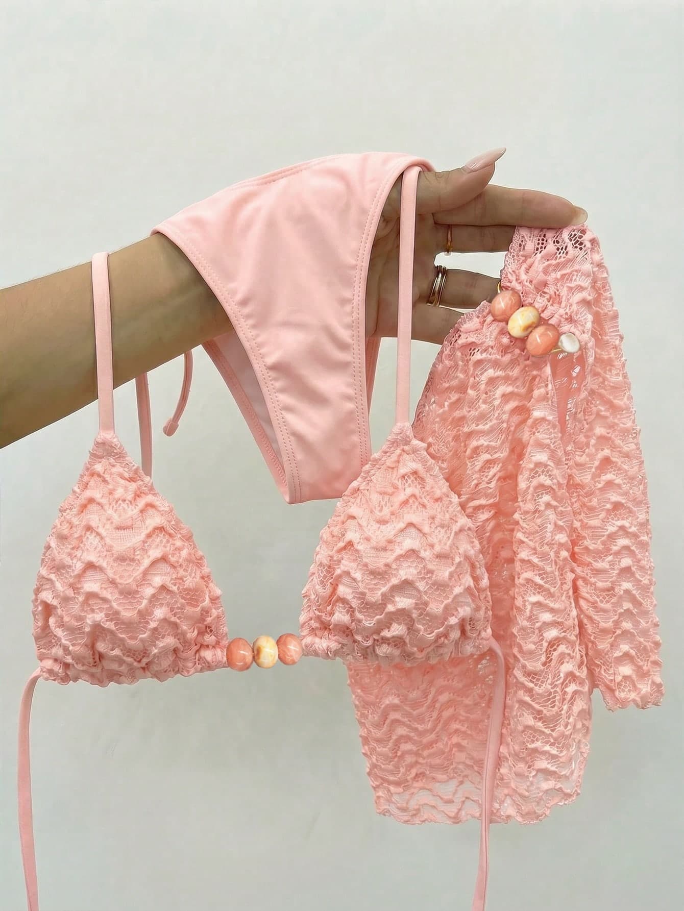 Bikinx 3pcs Women's Summer Wavy Backless Bikini Set, Including Beaded Chiffon Cover-Up Dress, Suitable For Beach Vacation Pink