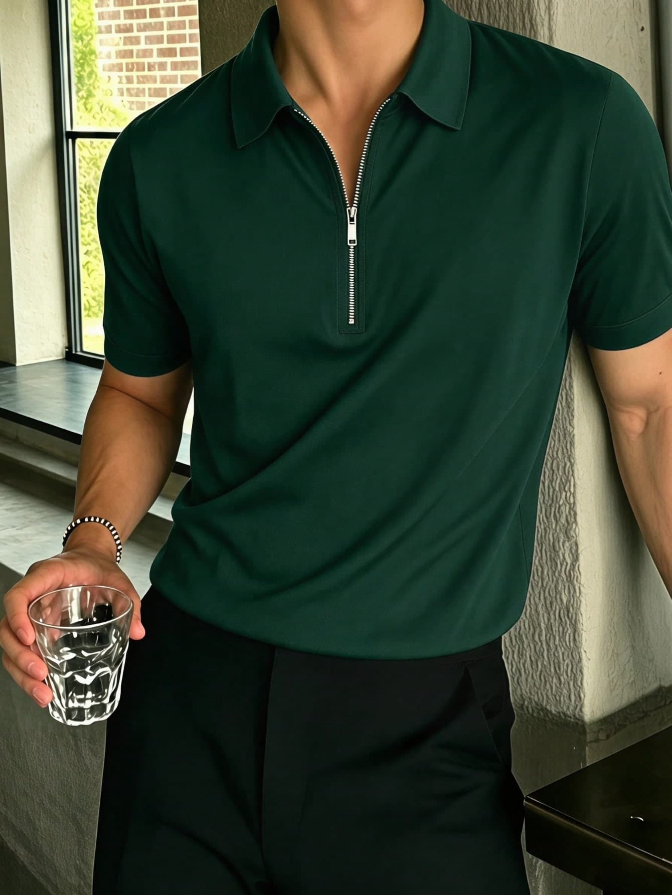 Men's Solid Color Half-Placket Casual Versatile Commuting Short Sleeve Polo Shirt