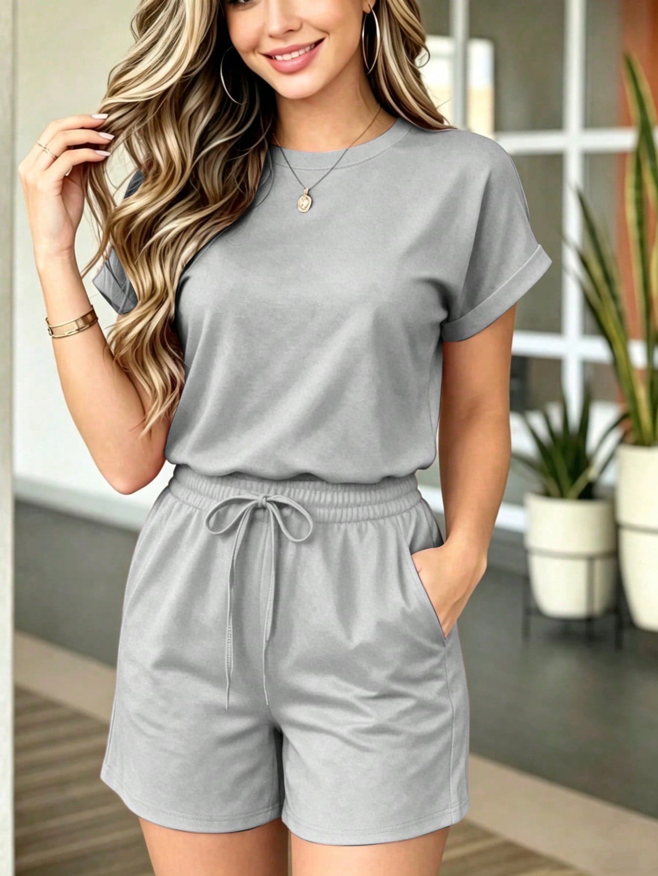 Women's Solid Color Round Neck Short Sleeve T-Shirt And Elastic Waist Drawstring Shorts 2-Piece Set Summer