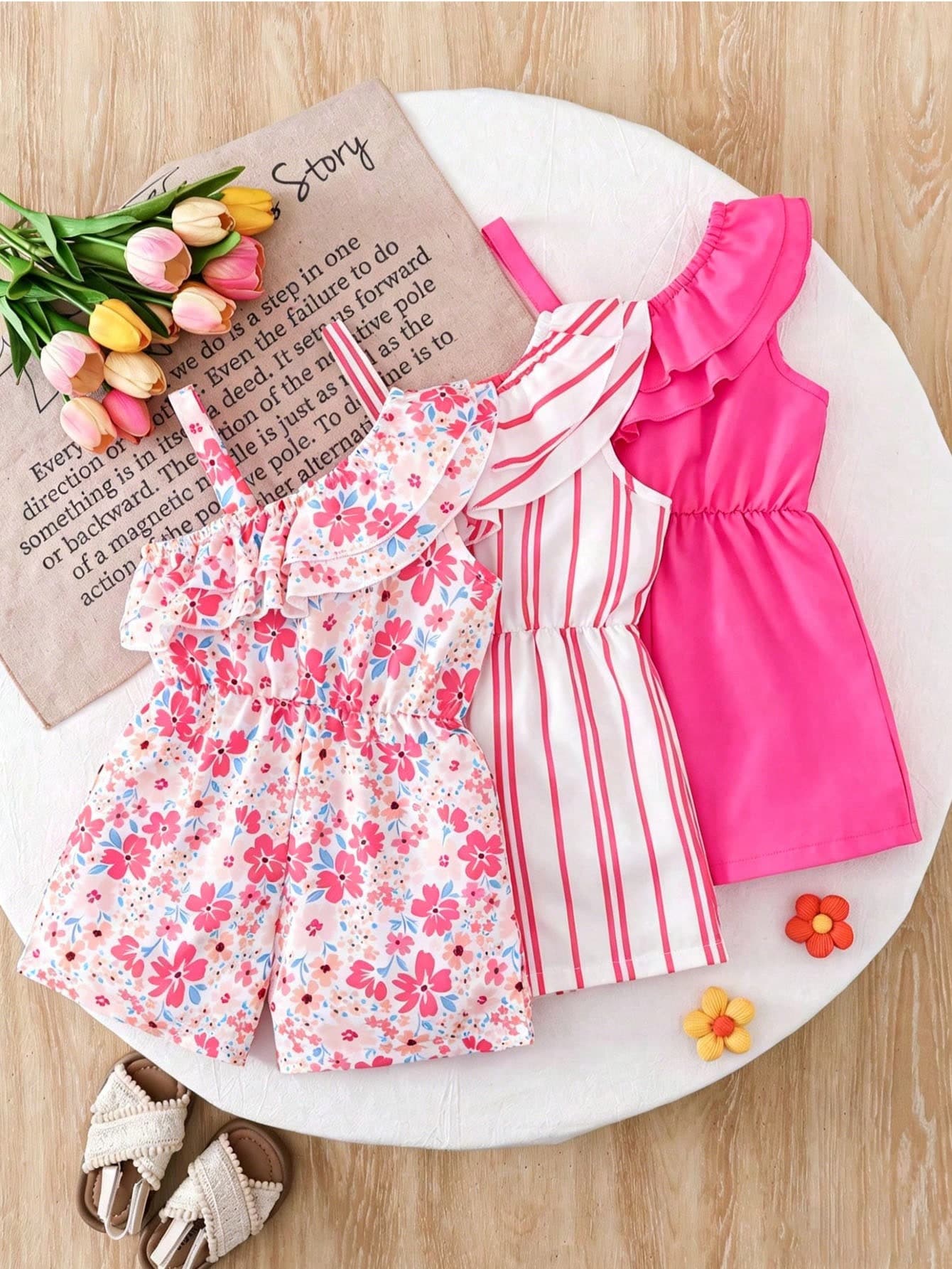 3pcs/Set Toddler Girls' Fashionable Casual Floral & Striped Print Spaghetti Strap Romper, Suitable For Outdoor, Commute, Sports In Summer