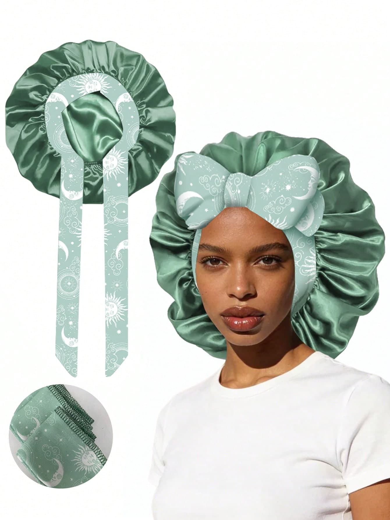 1pc Green Silk Satin Sleeping Cap, Large Size, With Adjustable Drawstring, Women Curly Hair Bonnet (Random Print Pattern)