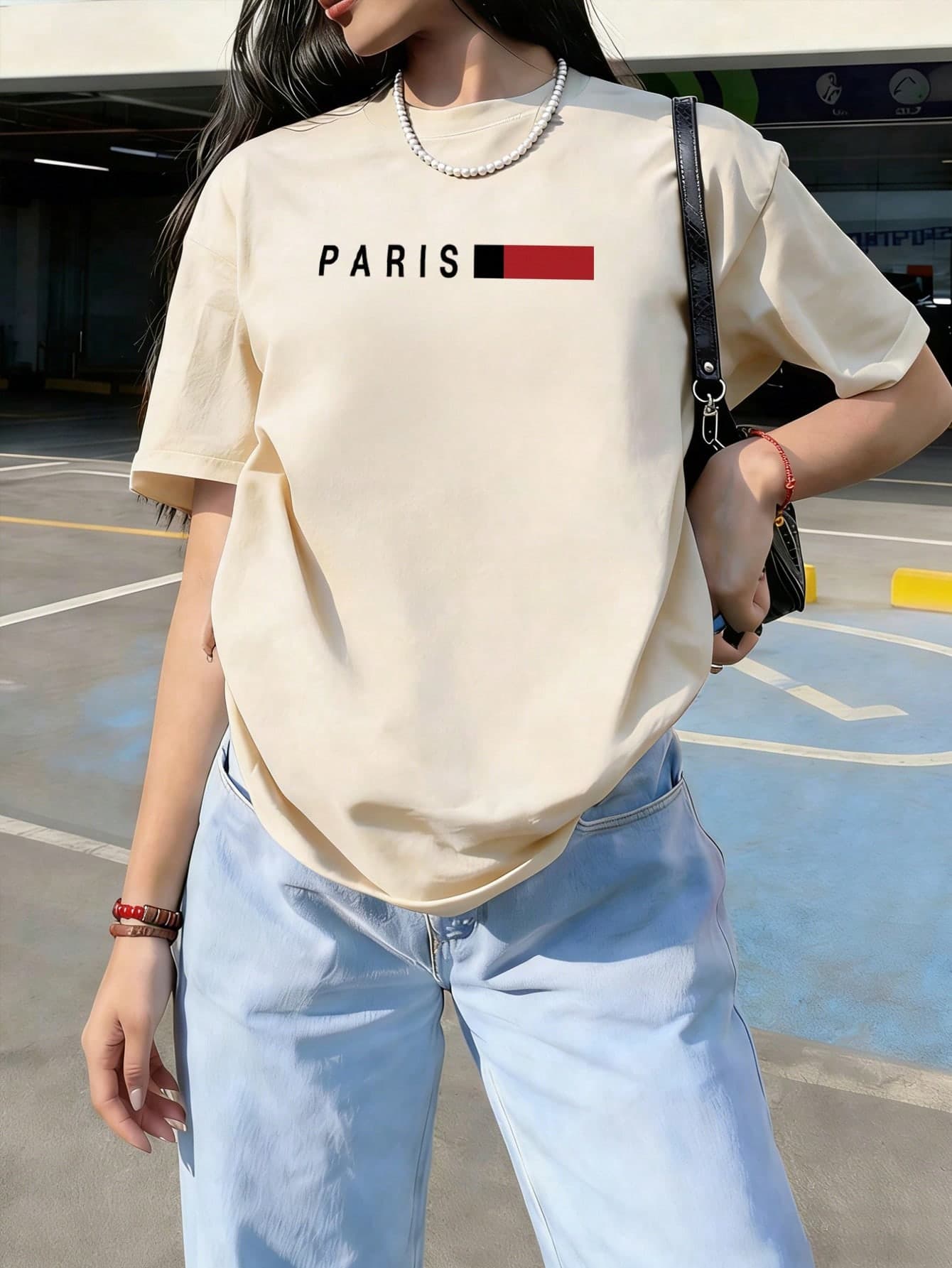 Women's Paris Letter Print Loose Comfortable Round Neck Casual Top, Summer