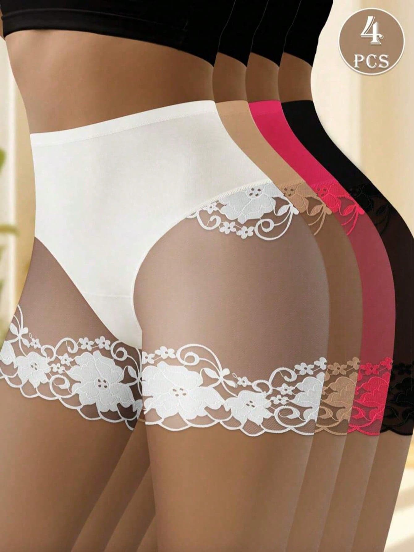 QUASTI 4pcs Women's High Waist Lace Patchwork Panty Set, Soft Elastic Breathable Full Coverage Triangle Panties, Comfortable Floral Mesh Underwear, Suitable For Daily Wear