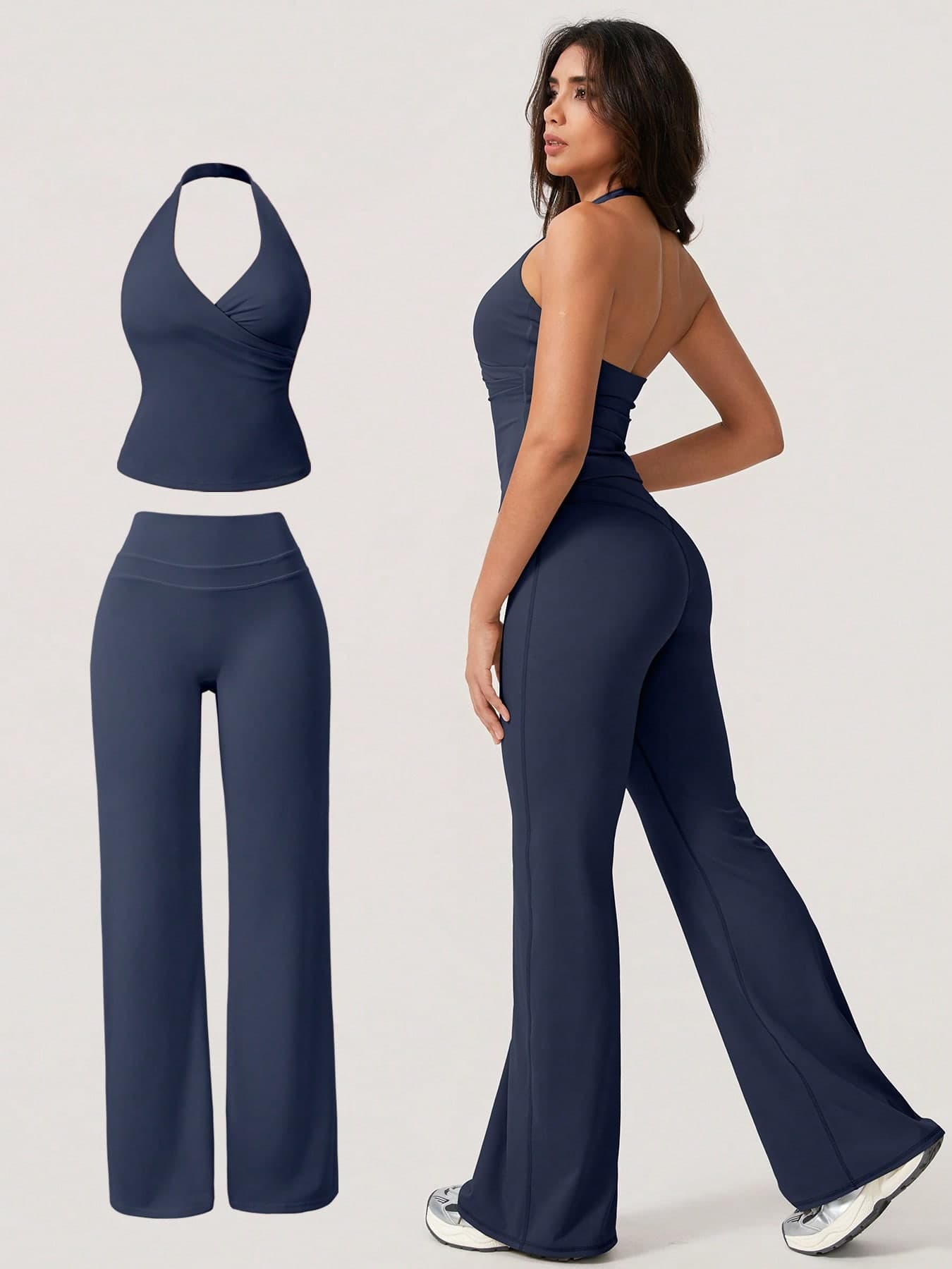 NcmRyu 1 Set Women's Sexy Halter Deep V-Neck Backless Shaping Flared Sports Suit Spring